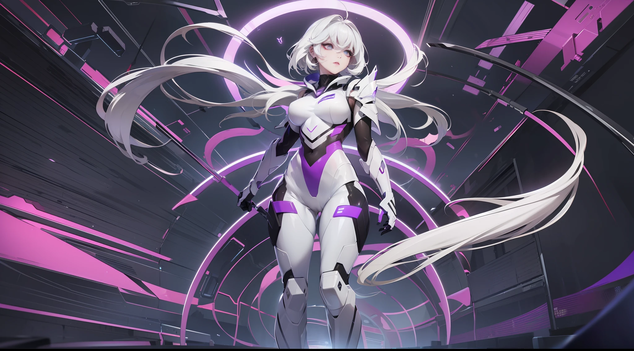 full body picture Unreal Engine 5 8K UHD of a beautyful adult girl, short white hair, wearing futuristic black tight battle suit, futuristic tight mask, futuristic neck collar, purple light details, best quality, masterpiece