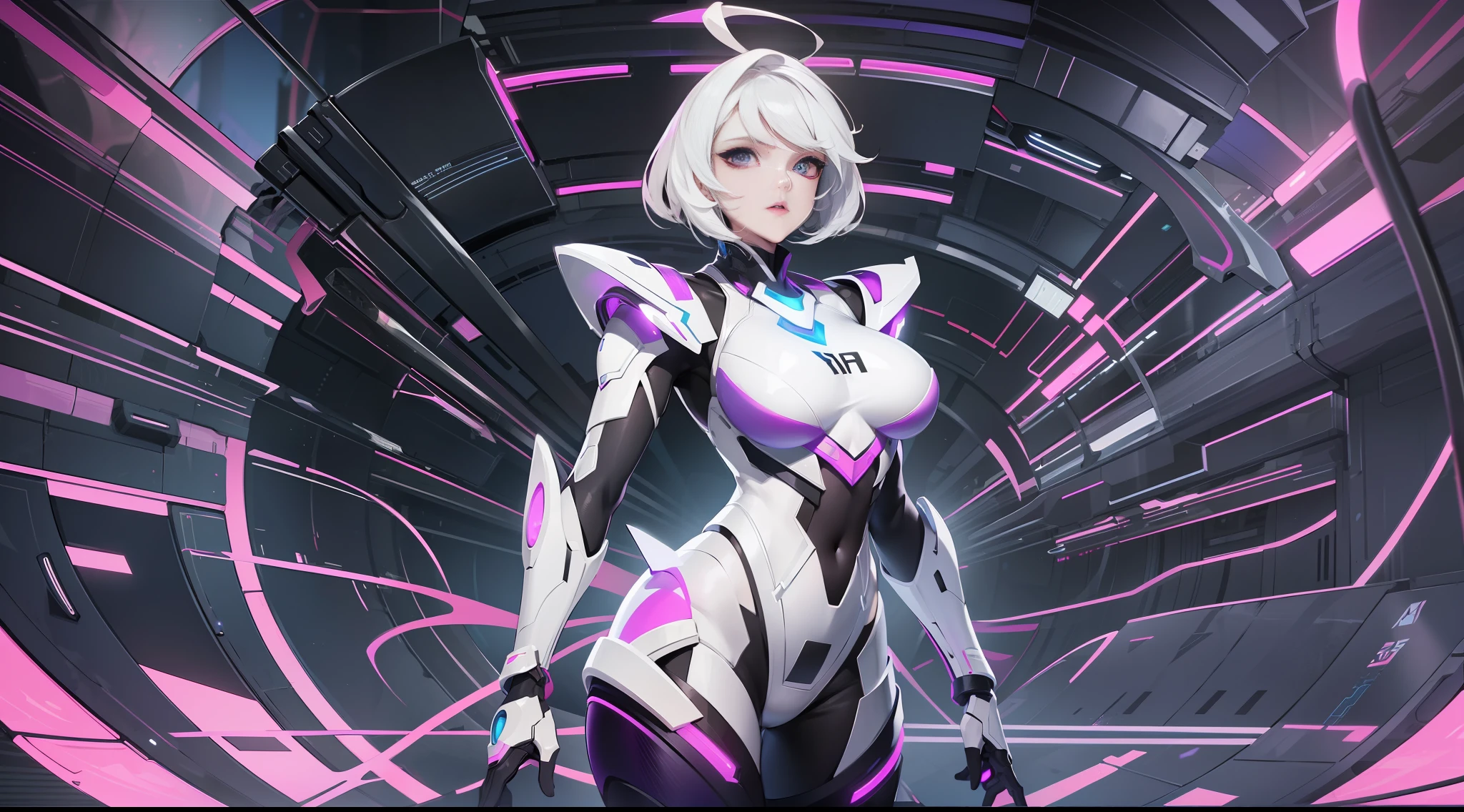 full body picture Unreal Engine 5 8K UHD of a beautyful adult girl, short white hair, wearing futuristic black tight battle suit, futuristic tight mask, futuristic neck collar, purple light details, best quality, masterpiece