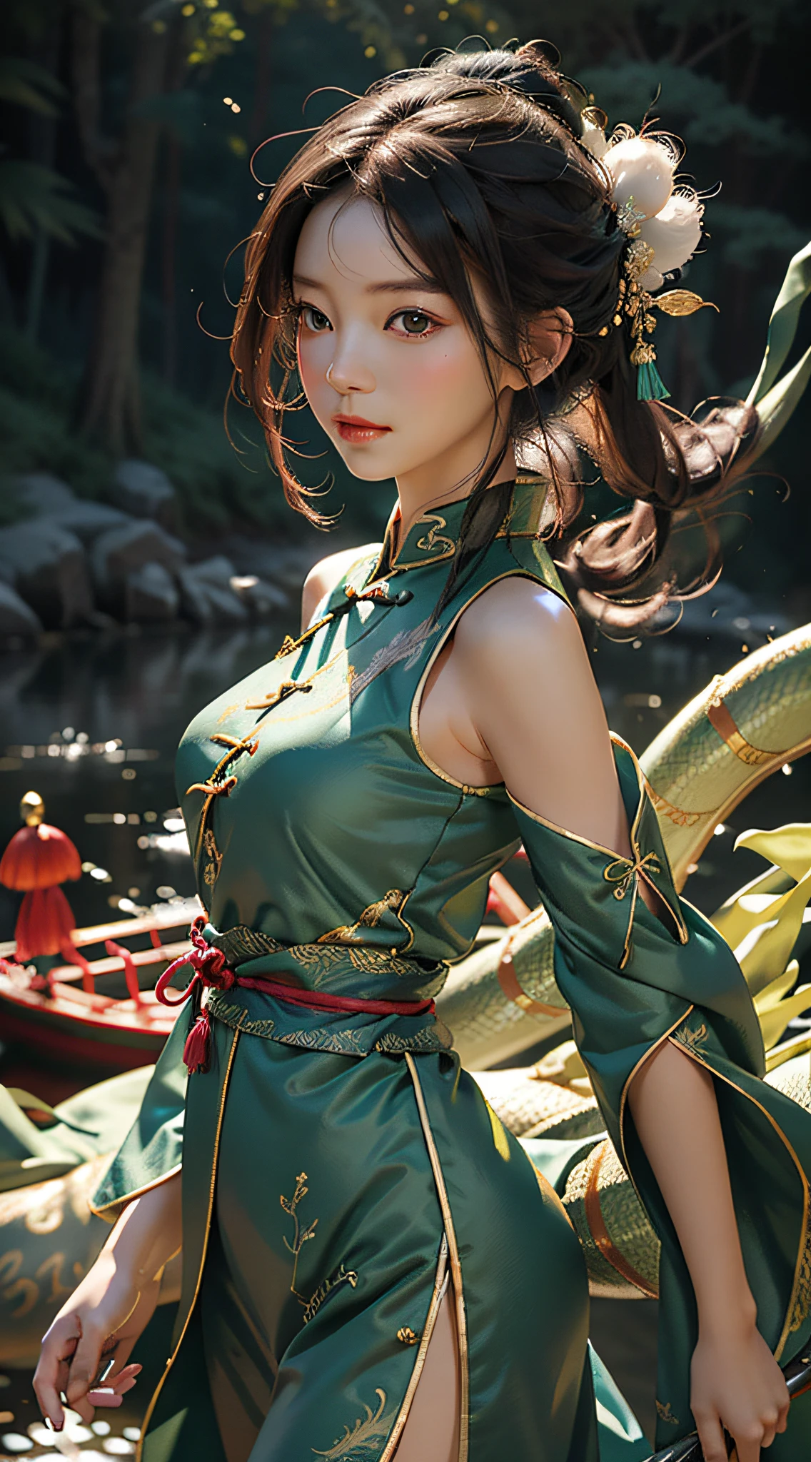 Ultra high quality，Jeizuo，Perfect illustration，extreme details，China Hua，Grandiose Scene 1.4 pcs，theme：Dragon Boat Festival Blue Dragon Maiden picture
hue：The main color is light blue，Paired with fresh greens and bright yellows，Create lightness、Bright atmosphere。
Picture composition：With the green dragon as the main body，On the green dragon sat a girl，The girl was dressed in blue Hanfu，Holding sweet rice dumplings in his hand，Jubilant expressions，Look into the distance。The green dragon's body meandered，The dragon head and tail parts protrude，Highlights the traditional Chinese dragon culture。Around the blue dragon and the maiden，Traditional calamus can be added、Wormwood、realgar、Sachets and other elements，to highlight the history and culture of the Dragon Boat Festival。
Pay special attention：In order to highlight the traditional culture of the Dragon Boat Festival，The girl in the picture is supposed to wear traditional Hanfu，At the same time, the performance of the green dragon does not have to be too realistic，It is possible to add the characteristics of Chinese painting，Such as ink、line、Ink rendering, etc，Create a traditional Chinese style。
Picture atmosphere：The whole picture should create jubilation、lively、Festive atmosphere，It shows the traditional culture of the Dragon Boat Festival，At the same time, create lightness、mingliang、Fresh feeling，Let people feel the joy and enjoyment of the festival。
Other elements：The performance of the green dragon can also be added to the river、Traditional elements such as dragon boats，To highlight the dragon boat racing style of the Dragon Boat Festival。At the same time