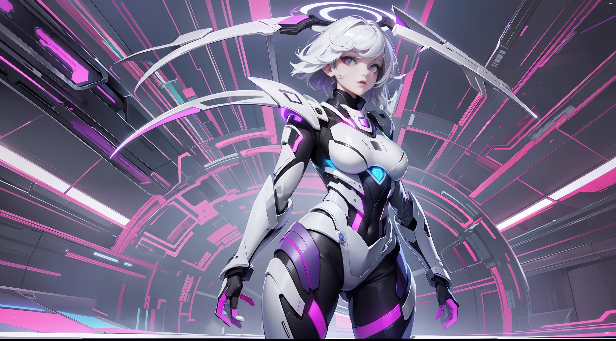 full body picture Unreal Engine 5 8K UHD of a beautyful adult girl, short white hair, wearing futuristic black tight battle suit, futuristic tight mask, futuristic neck collar, purple light details, best quality, masterpiece