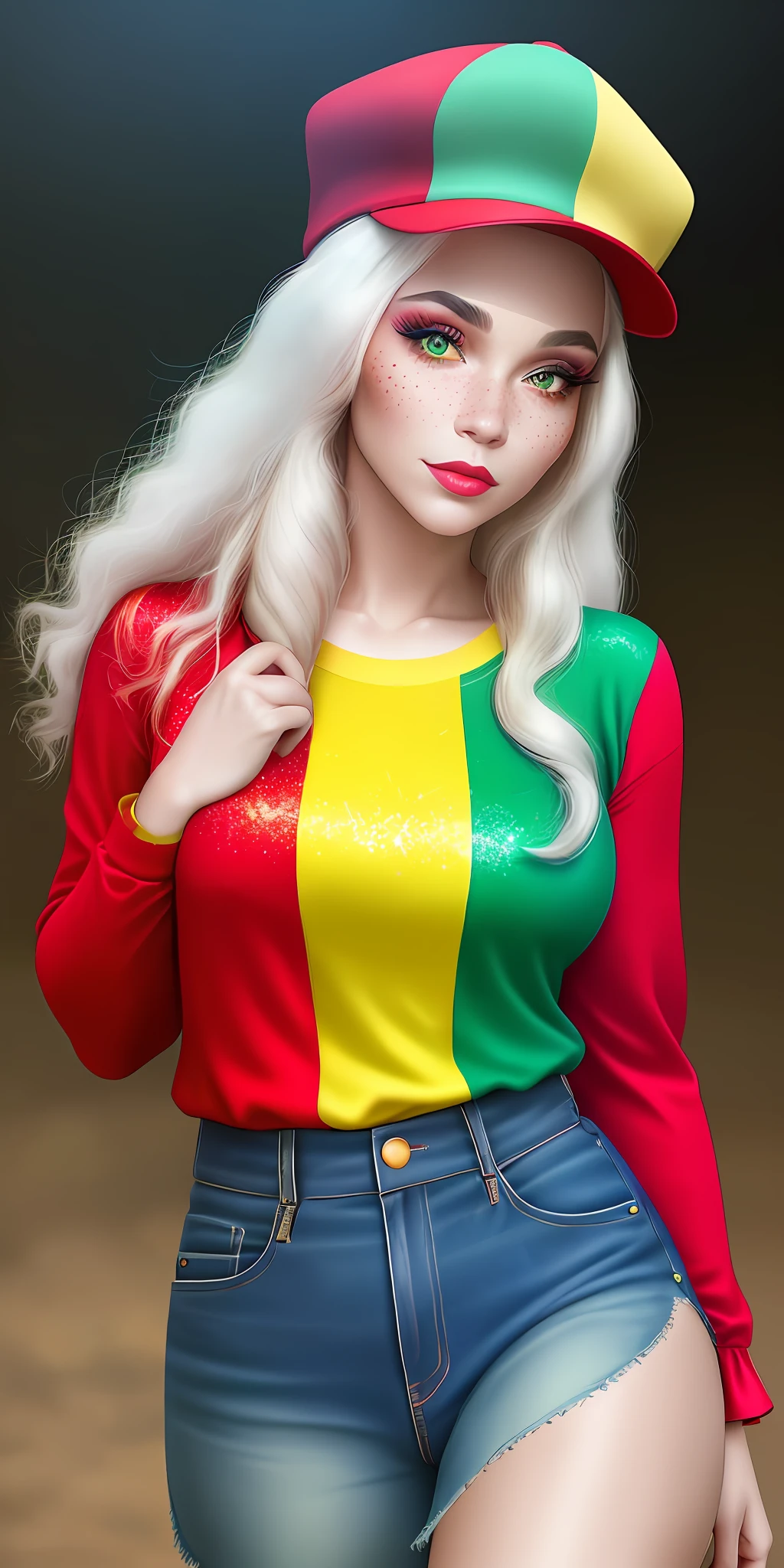 Beautiful Lady Ann Wilson, Freckles, Glitter Makeup, (Red, Blue, Yellow, Green, Vitiligo Skin: 1.5), Excessive Photography, Soft Light, Loose Shirt Clothes, Cap, Best Quality, (Detailed Beautiful Face, Detailed Skin Texture, Detailed Body extremely: 1.1)