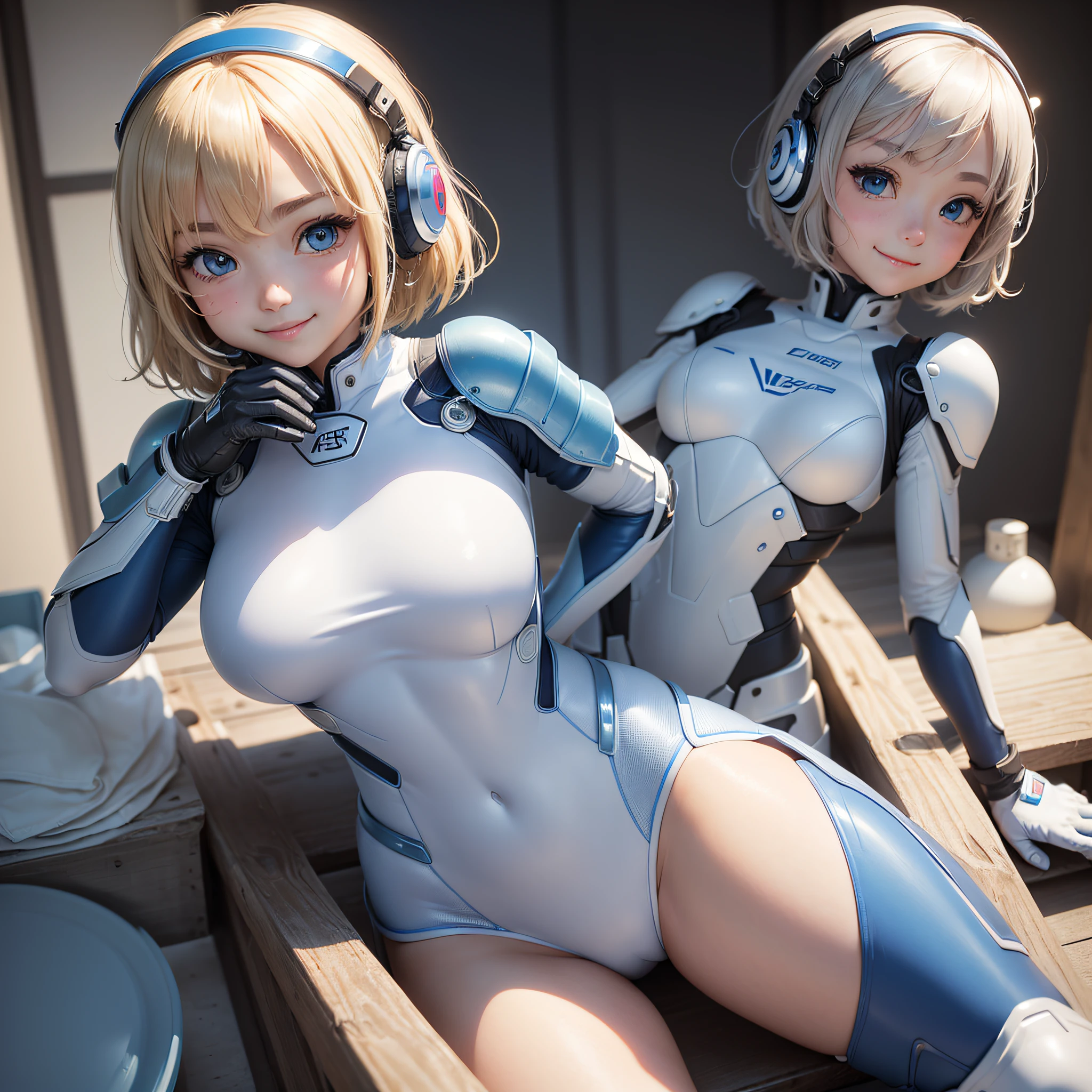 (A masterpie、bestquality、Top Resolution、distinct_image、Detailed details): (solo、Lone Girl、short hair、Japan faces、Cute and girly face、Blonde girl、Full body posture、watching the viewer、small size of breasts、Glittering blue colored eyes、Pilot suit in white and blue colors、Tight Fit Clothing、Clothing that covers the whole body、Beauty during、Cuteness、light grin smile、Blushing、Slim Body、exoskeleton、heroine、headset、glove、knee boots)
