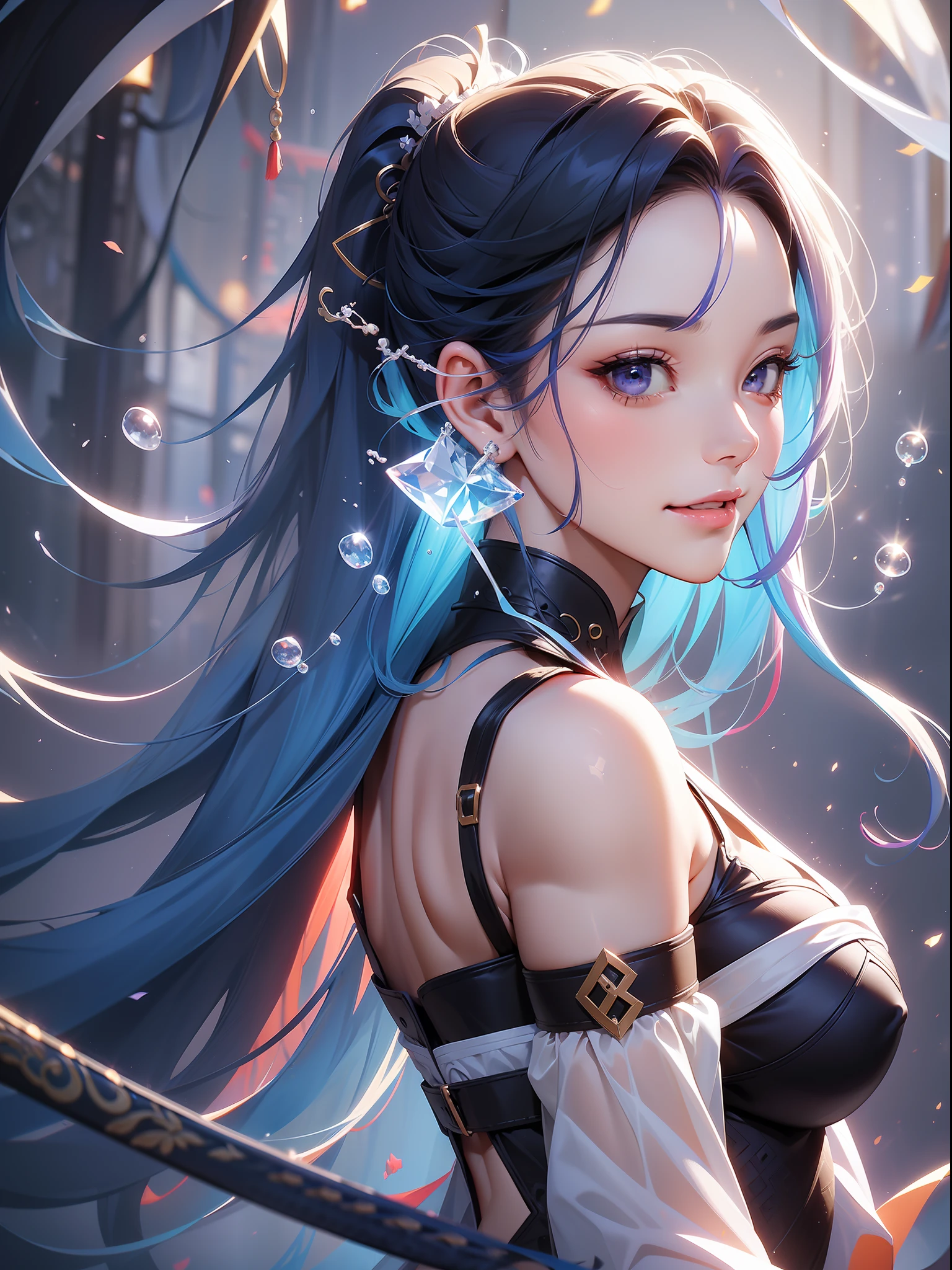 solo, beautiful female, wuxiaworld, catch a Chinese sword, bubble, on the fog road, crystal besides, multicolored hair, blue hair, purple hair, ponytail, long hair, grin, ray tracing, reflection light, depth of field, multiple views, close-up, cowboy shot, masterpiece, best quality, high details, high quality, ccurate, textured skin, UHD