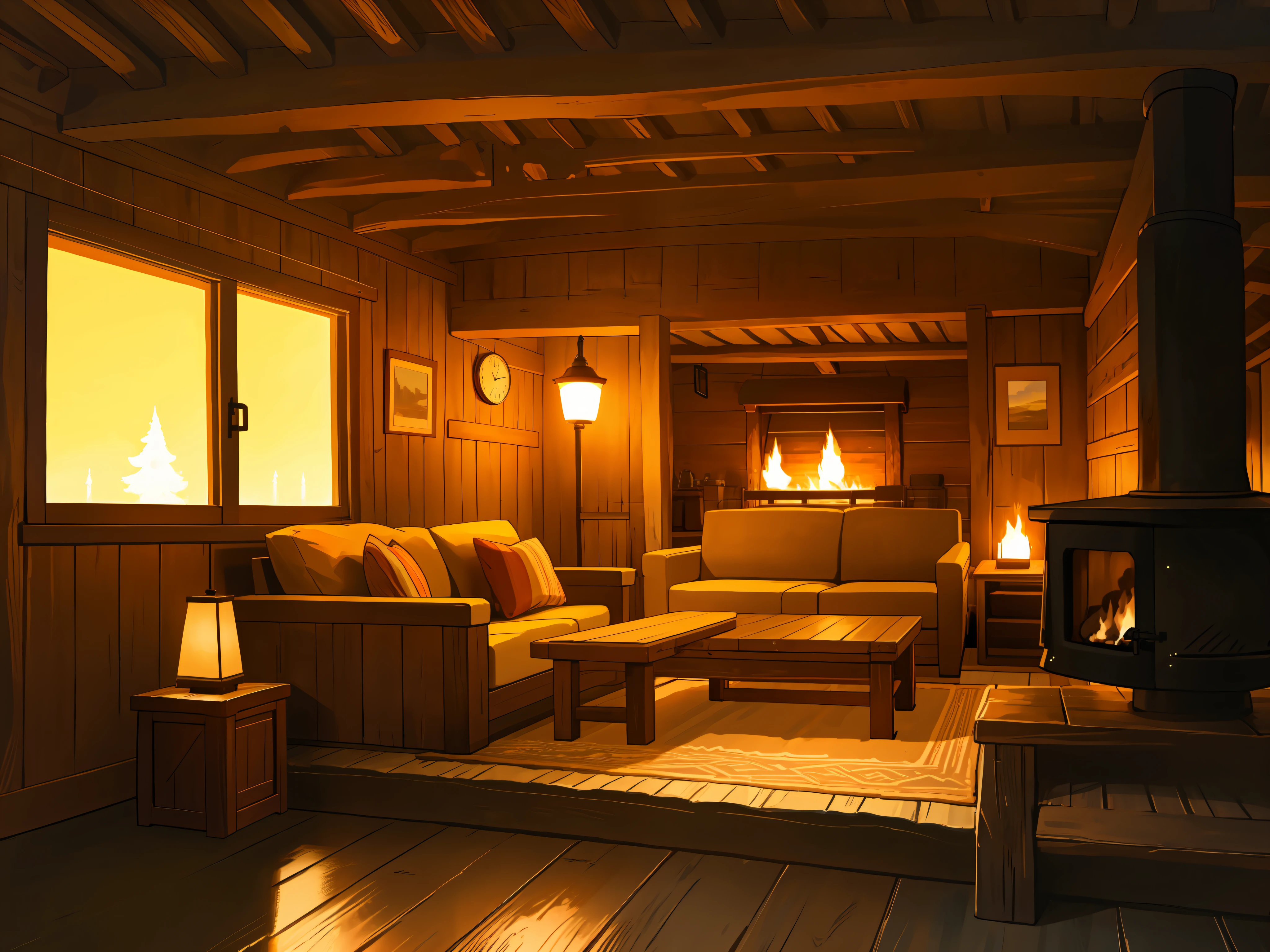 Rustic living room, add_detail, cabin, night, laleira