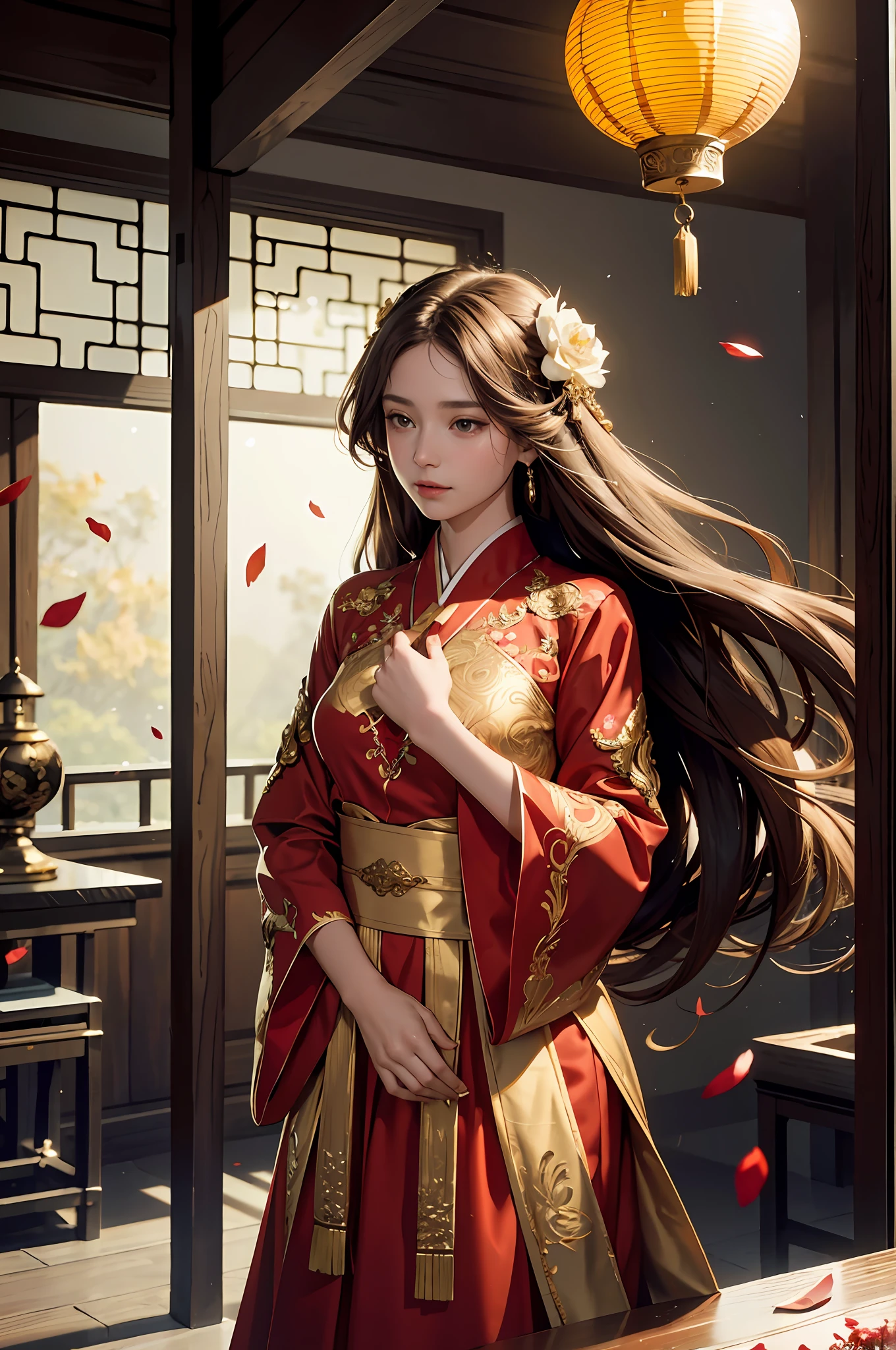 best quality, masterpiece, highres, (exquisite body:1.5),gorgeous face,(milky skin:1.3),intricate details,high resolution,wallpaper,
1girl, solo, dress, hair ornament, (((gold and red dress))), flowers, long hair, brown hair, closed mouth, jewelry, long sleeves, hand up, wide sleeves, big eyes,floating hair, chinese clothes, hanfu, embroidery, long skirt, natural pose, falling petals, indoor,fanning, lantern,
16K,HDR,highres,depth field,(film grain:1.1),boken,golden hour,(lens flare),vignette,rainbowing,(color grading:1.5)