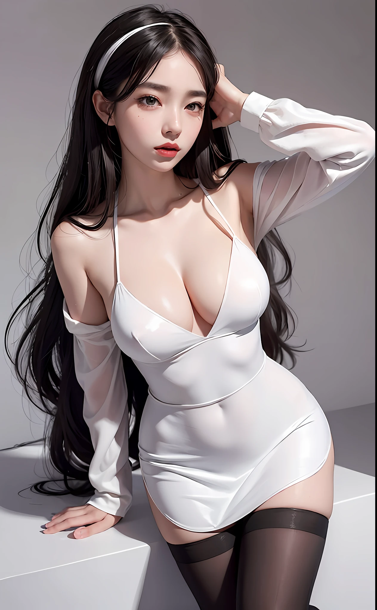 (MASTERPIECE,lifelike,high resolusion),((1 girl girl):1 girl Girl ),Korean,((White wavy hair):1 girl Girl.The girl),(heterochromia eyes:1 girl Girl,Thick eyebrows,),(White showy hoodie,short black skirt),((huge breasts):1 girl with a small waist,Long legs),Secretion of milk,nipples exposed,climax,Protruding chest,lewd,Expose the collarbone,Raised ears,Delicate faces,Correct limbs,Intimate areas exposed,masturbate,Lateral breast,Charming and coquettish,of silver hair,Black transparent pantyhose,black silk,Black stockings