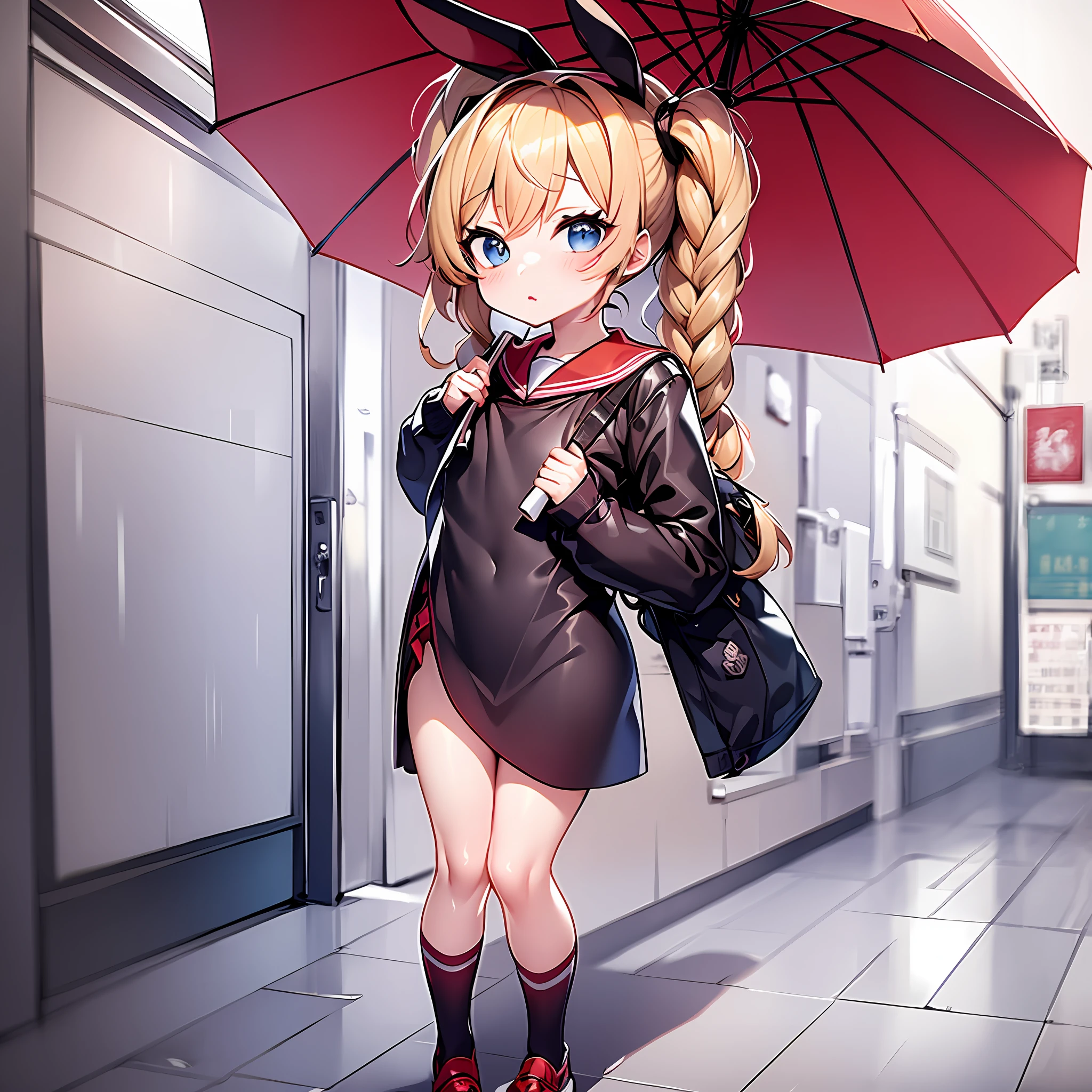 wide shot、High school girl is pooping a 、Holding a red umbrella、The background is Hayashi、heavy rain、bus stop、sailor suit、、evening、Rabbit ears、thick eyebrows、mesugaki、small breasts、pigtails、Beautiful blonde、braids、The background is a Chinese restaurant、(A masterpie)、((bestquality))、 (Super Detailed)、Full Body Anime Girl、Clean and detailed face、High resolution and beautiful eyes、five fingers、Textile Shading、Perfect human body structure、perfect antomy、
