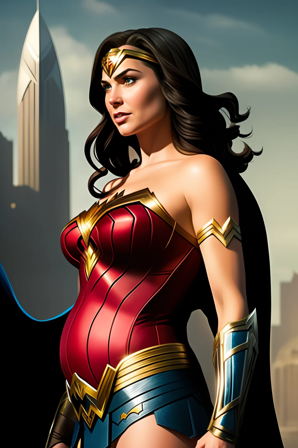 Based on the rule, I would create an ultra-detailed scene portraying Wonder Woman who is 8 months pregnant, with Batman and Superman on either side, each embracing her shoulders. The artwork would be inspired by the style of Alex Ross, known for his realistic and detailed approach.

Wonder Woman would be depicted in her iconic costume, but modified to show her pregnant belly. Her face would be carefully detailed, conveying serenity and determination. Batman and Superman would be by her side, embracing her shoulders in a gesture of support and protection. Their facial expressions would show concern and determination to ensure the safety of Wonder Woman and her baby.

The illustration would be rich in detail, from the heroes' costumes to the smallest lines in their facial expressions. The use of light and shadow would be skillfully employed to highlight the characters' forms and create a dramatic and powerful atmosphere.

The background of the scene could depict a stylized urban landscape, with skyscrapers and clouds surrounding them. Architectural details and textures would be meticulously rendered to add depth to the scene.

The colors would be chosen to reflect the mood of the scene, with subtle and realistic tones that enhance the details and expressions of the characters.

This ultra-detailed scene, based on the style of Alex Ross, would convey the strength and unity of the superheroes in a unique and special moment, celebrating motherhood and the importance of mutual support and protection.