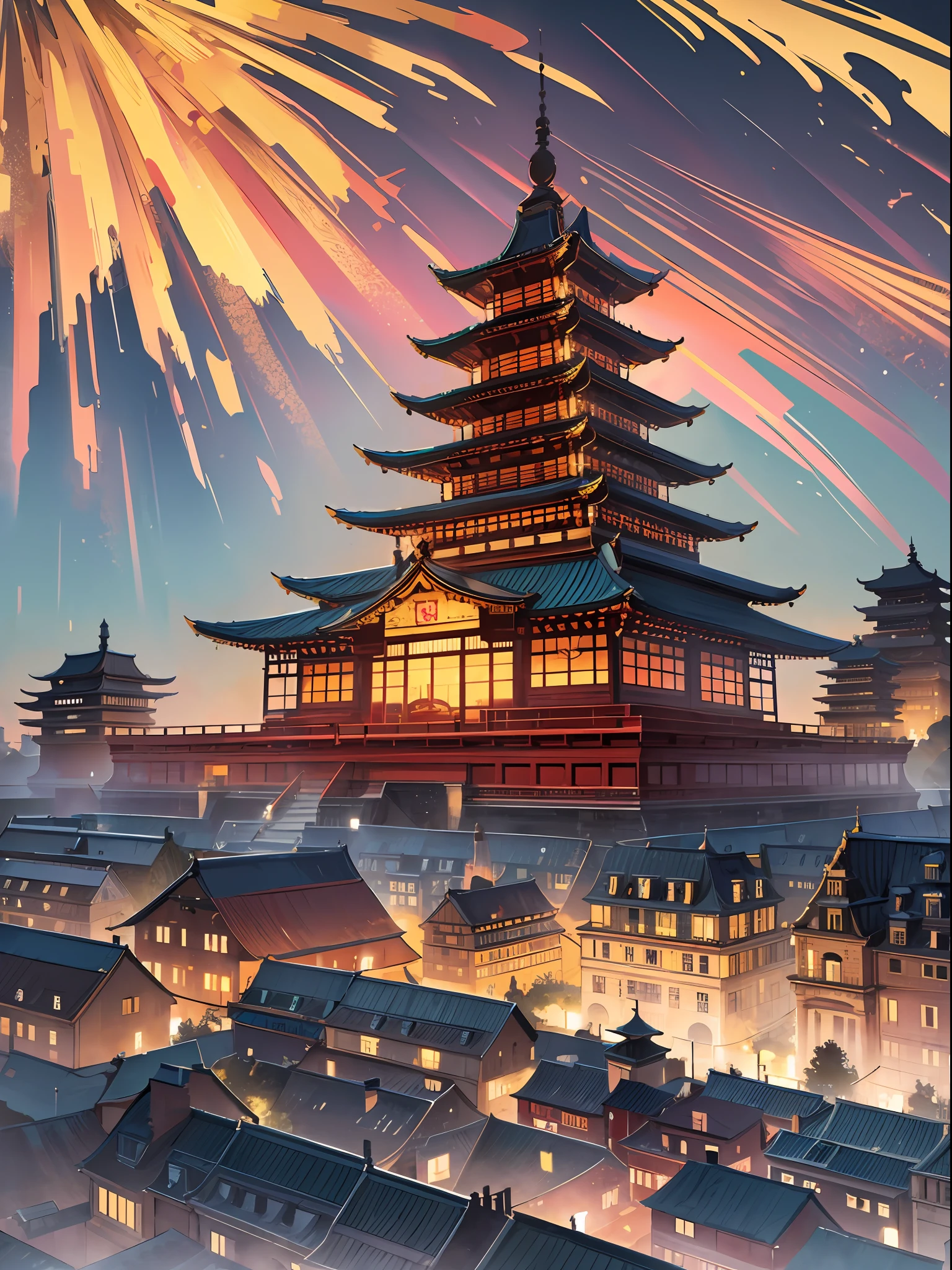 Giant Wild Goose Pagoda is located next to Tang-style architecture, with upturned eaves and multi-storied buildings. At night, the lights are turned on and the area is brightly lit and crowded with tourists, Colorful fireworks bloom in thesky, Aerial view, Panorama painting, intricated details, ethereal illustrations, dark cyan and light amber, detailed crowd scenes, romantic depictions of historical events, yankeecore,64k --auto --s2