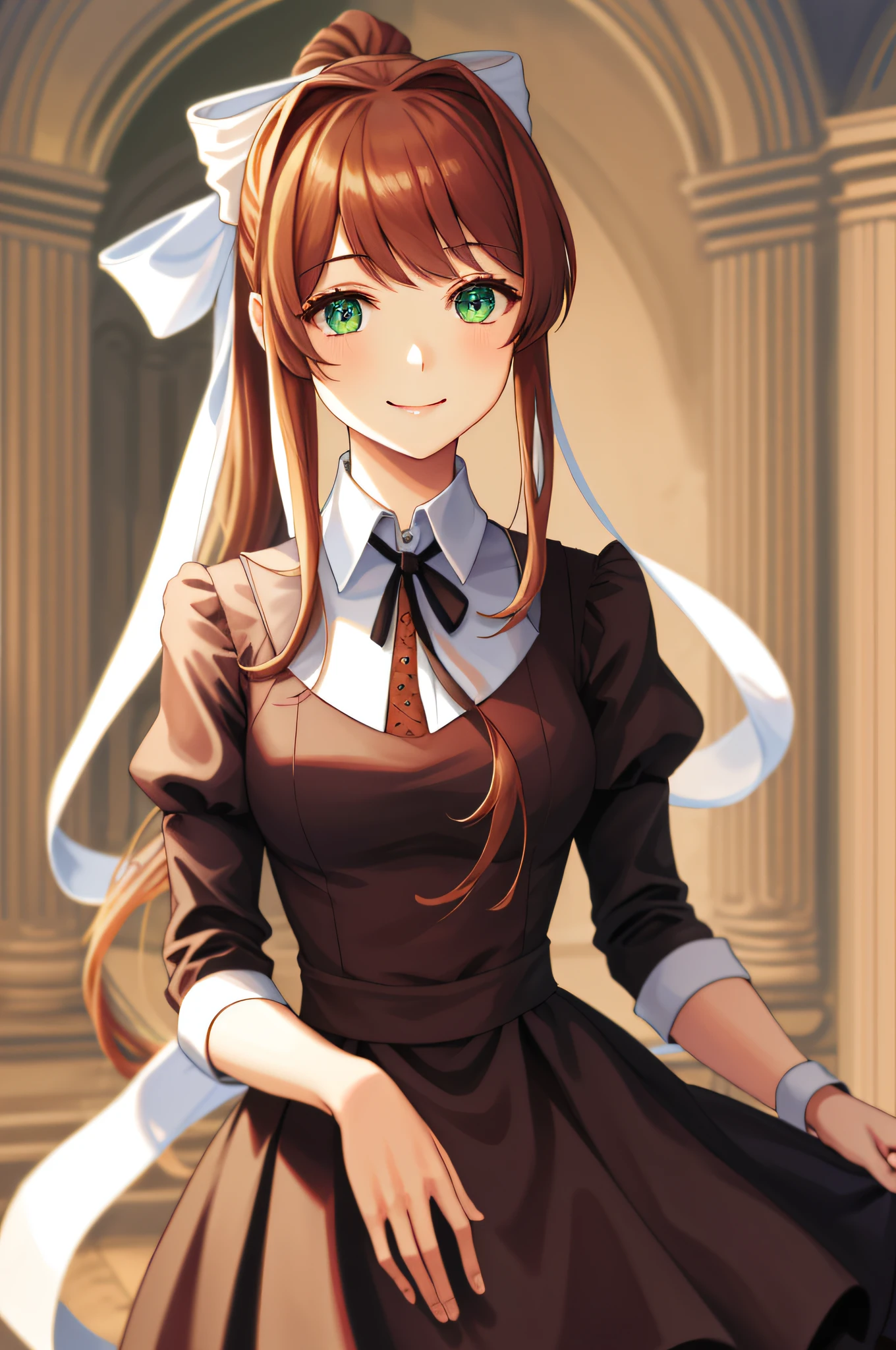 masterpiece, best quality, perfect antomy, perfect eyes, perfect face, 1 girl, cute face, fantasy, maid dress, smile, castle, monika, green eyes, brown hair, very long hair, ponytail, hair ribbon, white ribbon