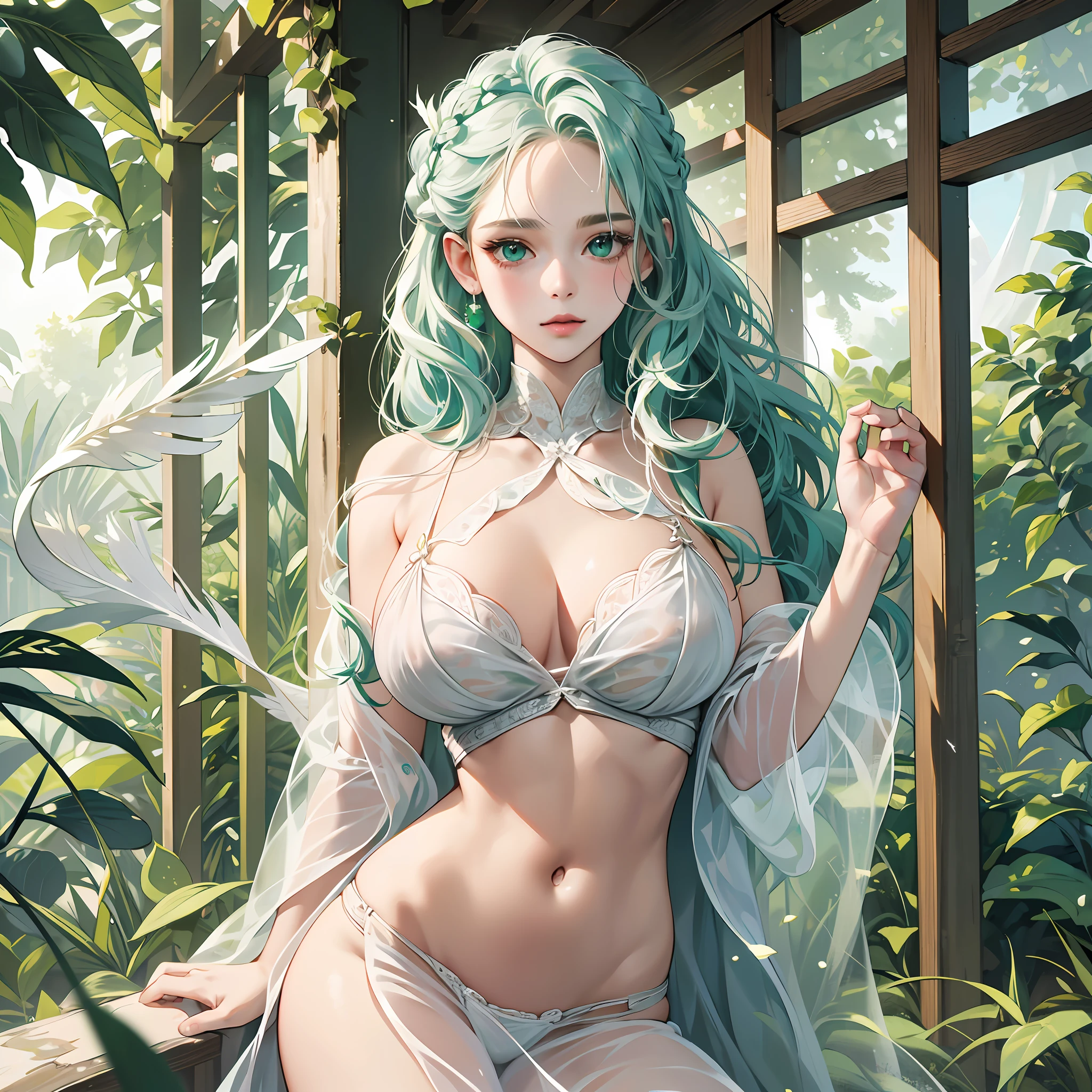 Highres, bestquality, masterpiece, very high image quality, An ultra-Detailed,, hyperrealistic, 3D, very cute beauty, White Skin, white wavy french braid hair, white body, brilliant green big eyes, GIANT breast, slender body, All over body, See-through feather robe