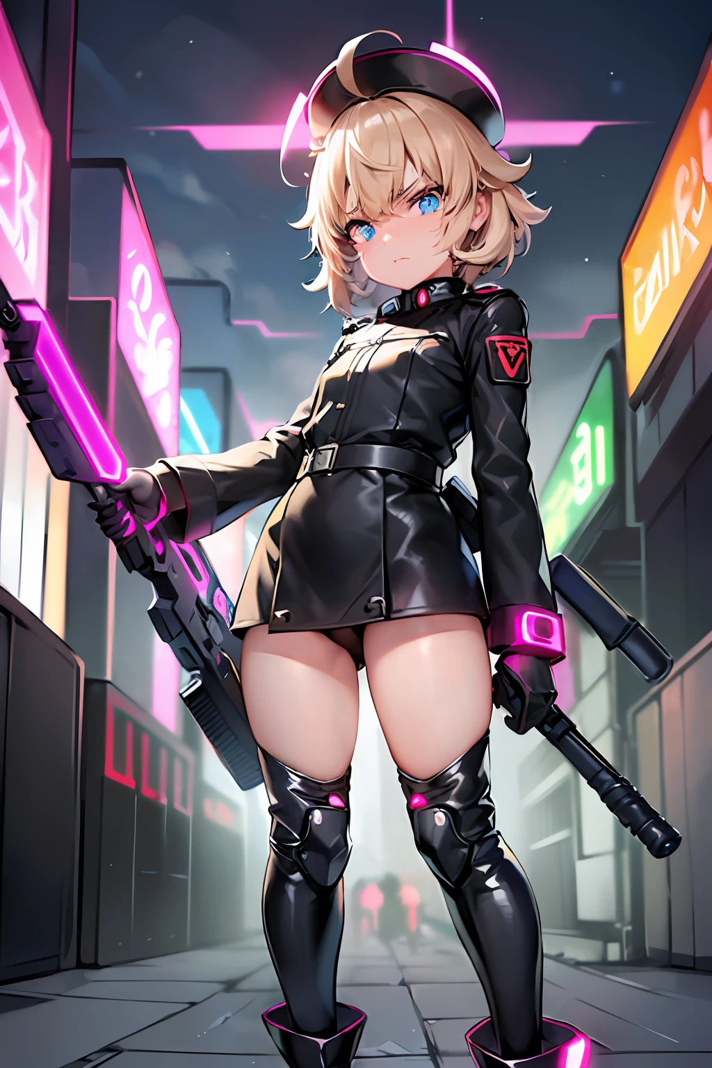The girl wore a black German military uniform, Girls' Front, animated, extremely beautiful detailed anime face, realistic, whole body, focus on eyes, holding_weapon, beautiful detailed fullbody, petite, girl, baby,, ((short hair, messy hair, wept bangs, blonde hair, disheveled hair, ahoge)), ((Delicate facerain, baby face)), ((detailed shiny eyes)), fang, ((flat chest)), blue eyes, black_gloves, gun, military, boots, black Clothes, grand space, floating, extremely detailed 8K wallpaper, very precise detailed, absurdres, (((glowing neon arms))), (((glowing neon legs))),(((henshin))), (smug face), detailed gun,