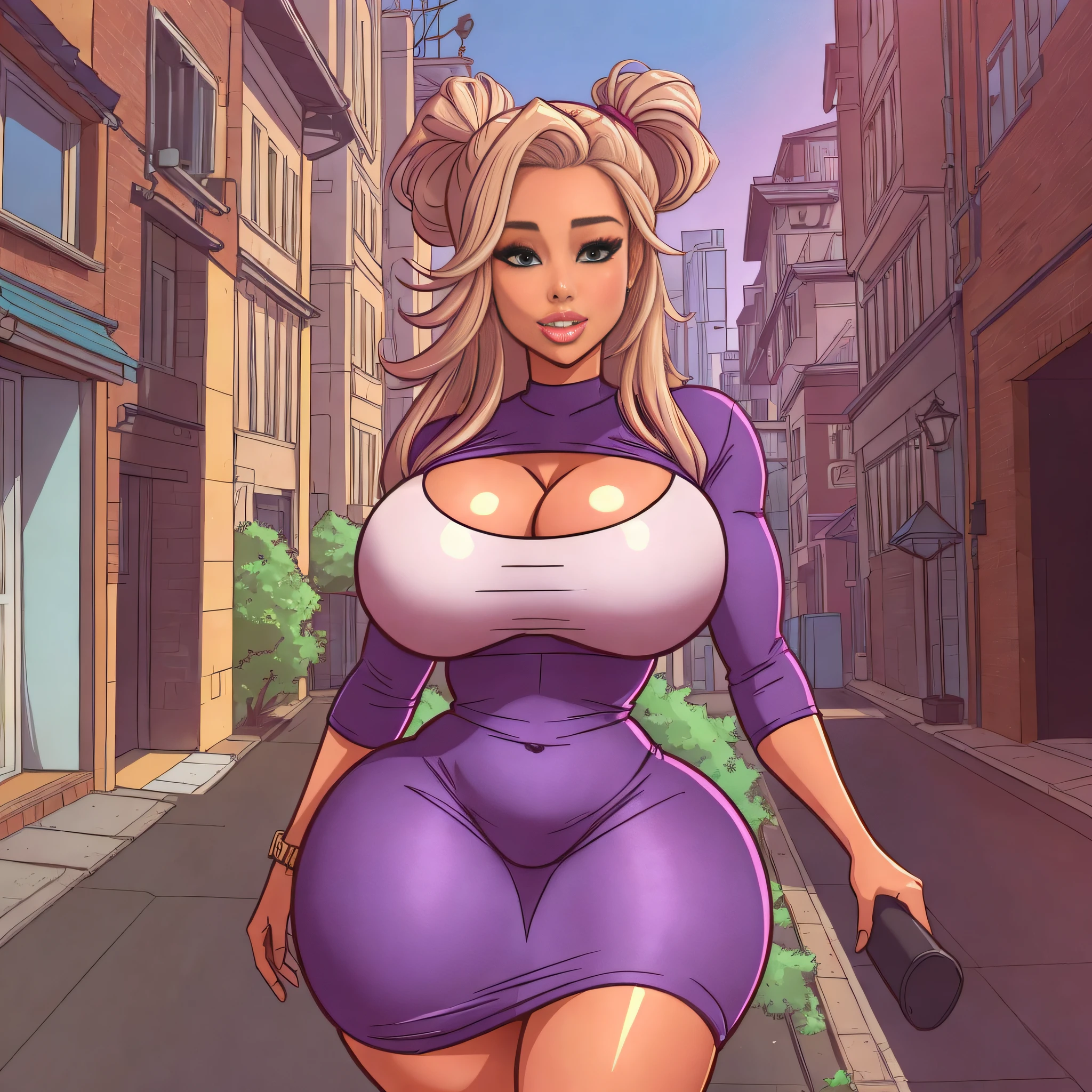 1 girl, 30 year old girl, Walking, round breasts, big boobs, wide thighs, thicc, big booty, big ass, In a tight dress, Cartoon, 8K, 4K, HDR