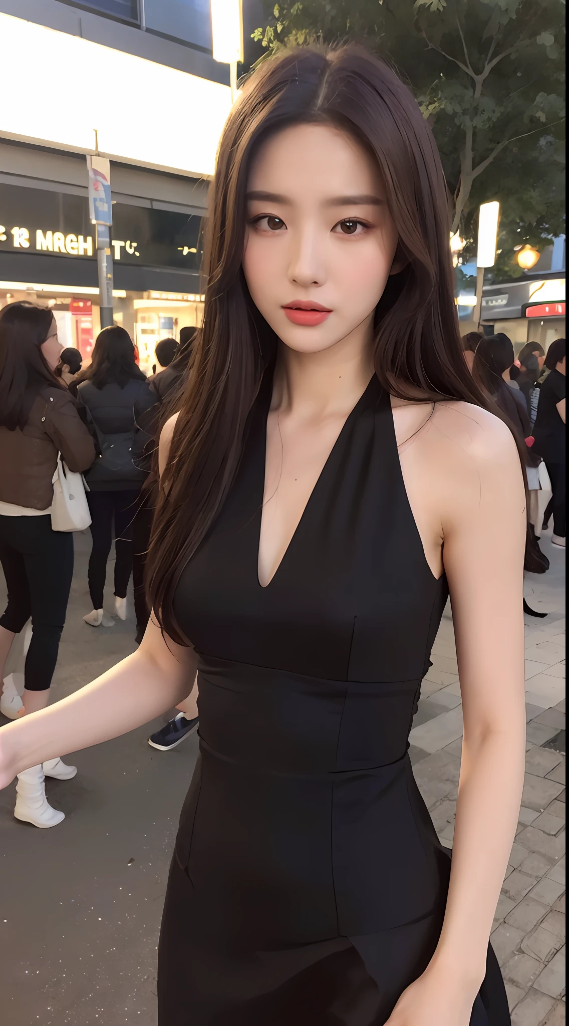 ((Realistic lighting, Best Quality, 8K, Masterpiece: 1.3)), Clear Focus: 1.2, 1girl, Perfect Body Beauty: 1.4, Slim Abs: 1.1, ((Dark Brown Hair)), (Dress: 1.4), (Outdoor, Night: 1.1), City Street, Super Fine Face, Fine Eyes, Double Eyelids,