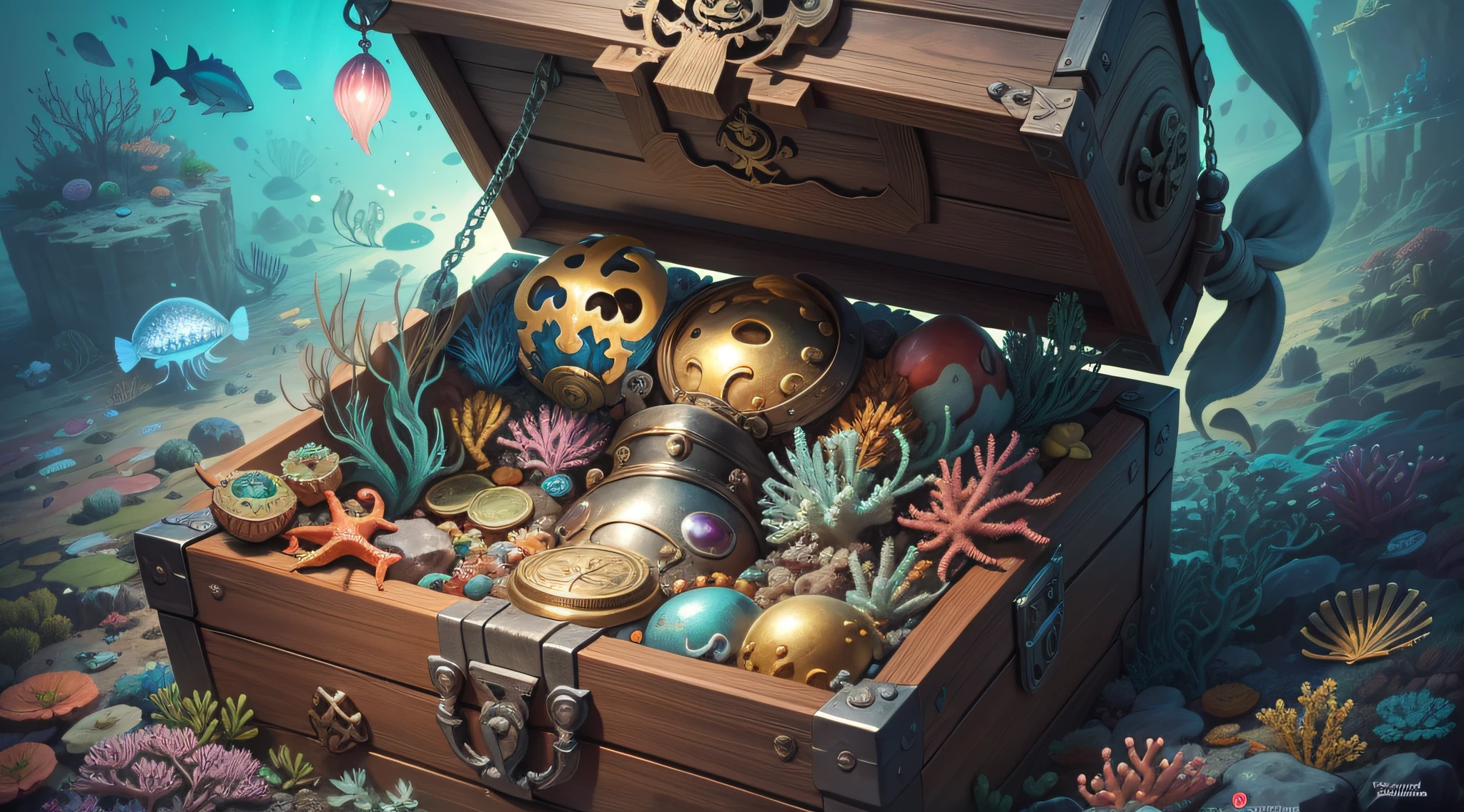 pirate treasure chest at the bottom of the sea, pedras preciosas, espadas de ouro, peixes, neon jellyfish, Moluscos, Crustaceans