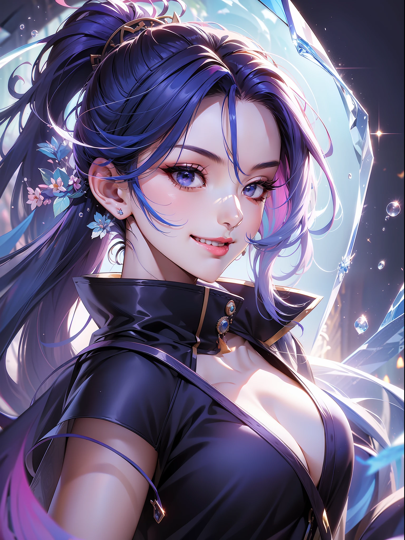 solo, beautiful female, wuxiaworld, catch a Chinese sword, bubble, on the fog road, crystal besides, multicolored hair, blue hair, purple hair, ponytail, long hair, grin, ray tracing, reflection light, depth of field, multiple views, close-up, cowboy shot, masterpiece, best quality, high details, high quality, ccurate, textured skin, UHD