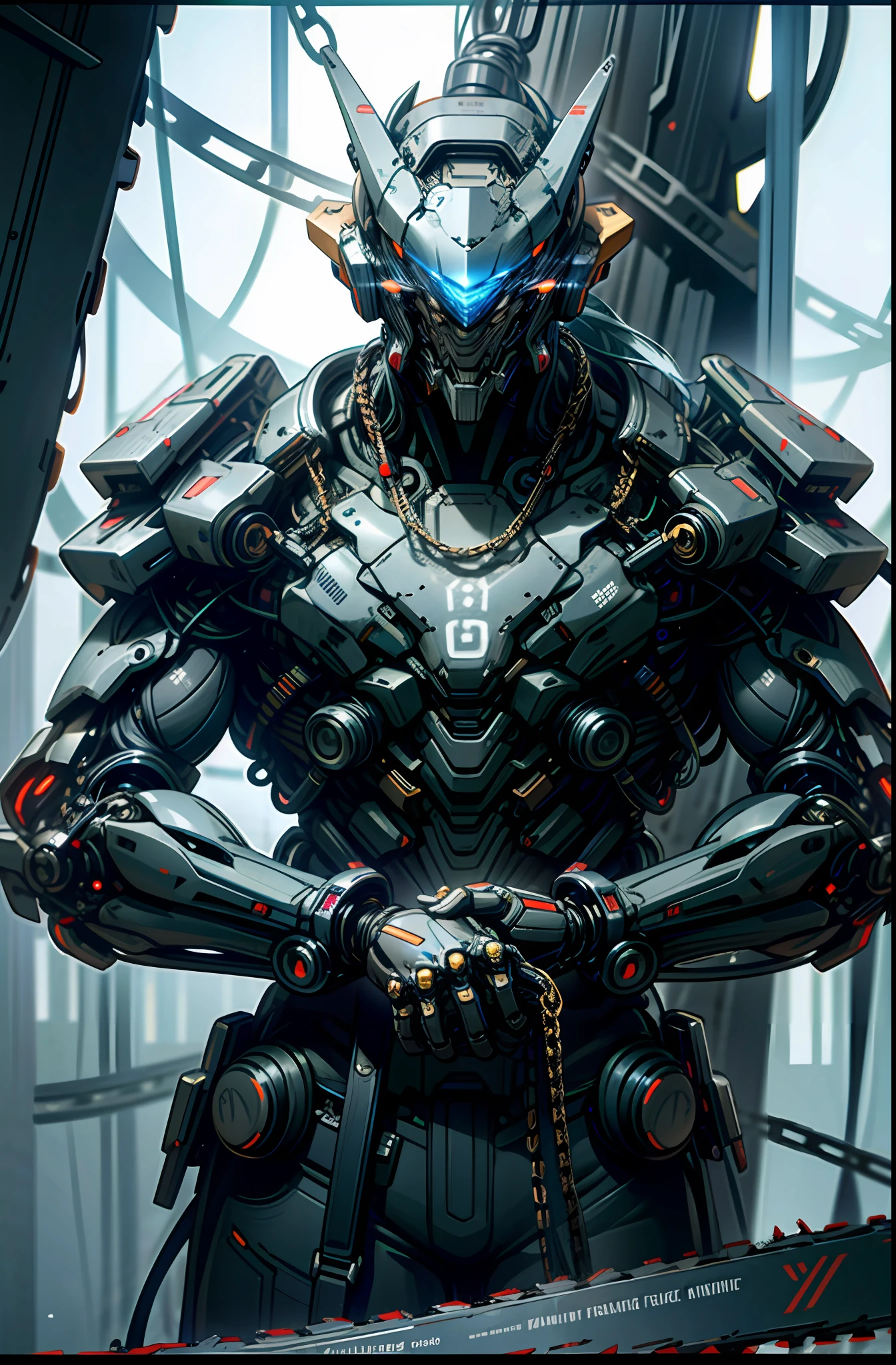 Dark_Fantasy,Cyberpunk,(chain saw,chain saw man,Blue:1.1),1man,Mechanical marvel,Robotic presence,Cybernetic guardian,