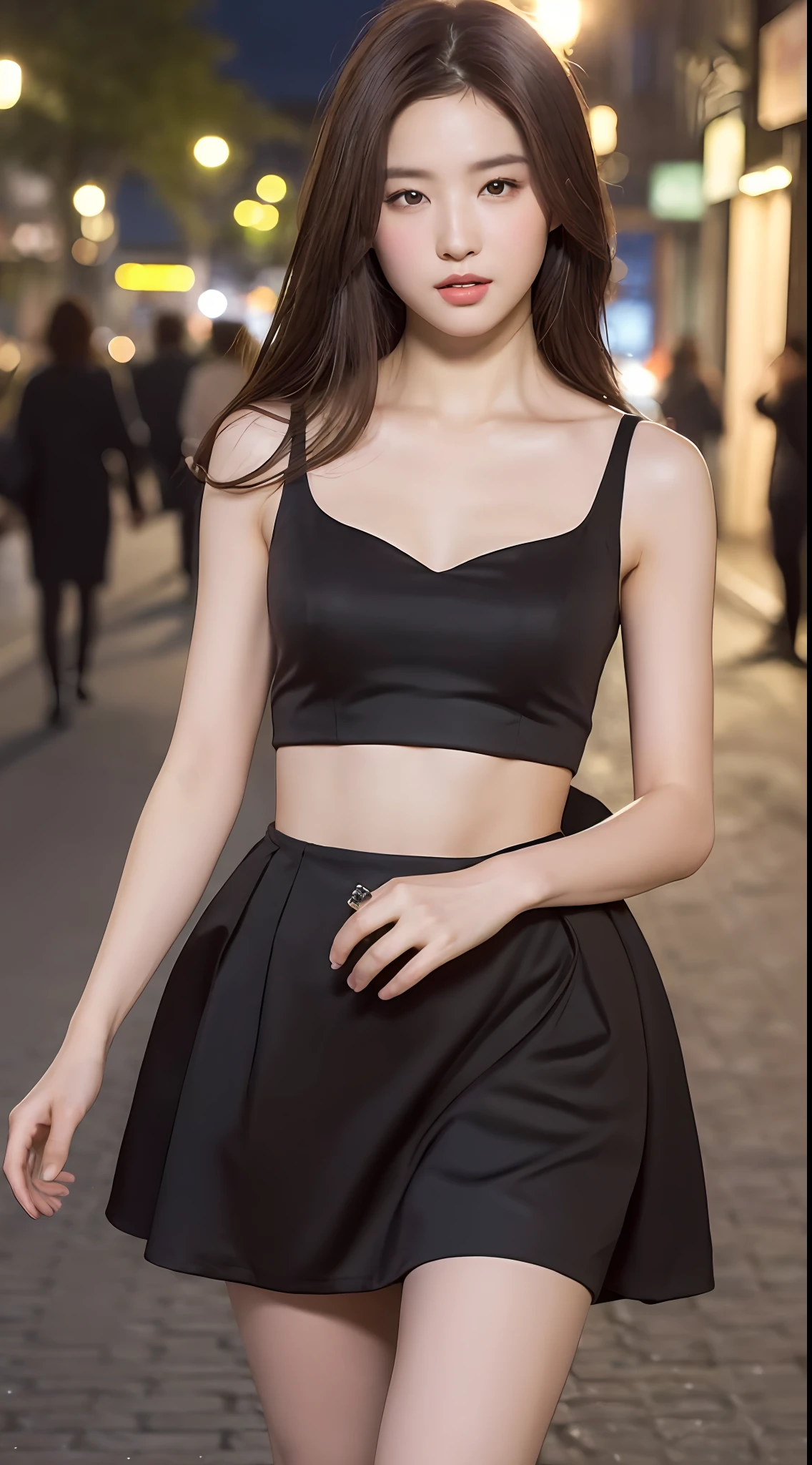 ((Realistic lighting, Best Quality, 8K, Masterpiece: 1.3)), Clear Focus: 1.2, 1girl, Perfect Body Beauty: 1.4, Slim Abs: 1.1, ((Dark Brown Hair)), (Dress: 1.4), (Outdoor, Night: 1.1), City Street, Super Fine Face, Fine Eyes, Double Eyelids,