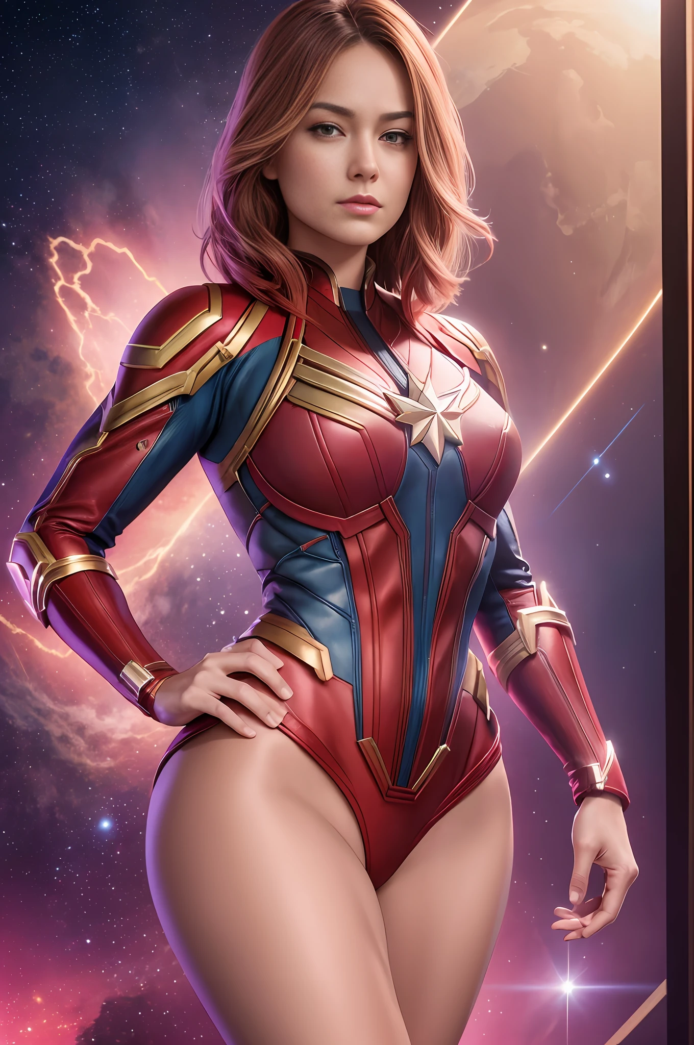 Very beautiful CaptainMarvel with handsome man having Nude full body image Pink skin Dark hair Realistic detailed face Detailed body Highly detailed Cgi 8k resolution --auto --s2