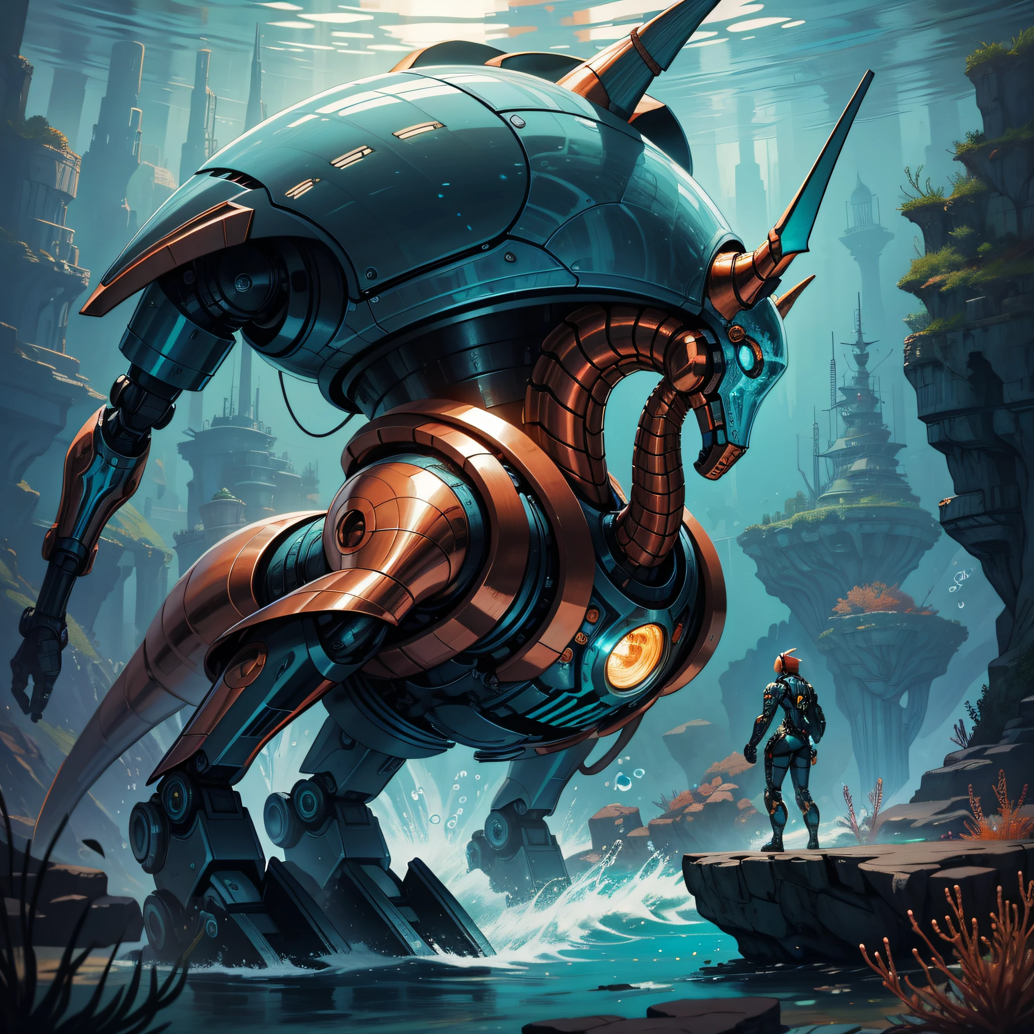 sea horse, mecha, robotic, silver and copper, silver bubbles, copper bubbles, underwater futuristic landscape, masterpiece, best quality, ((In Neo-Futurism style))