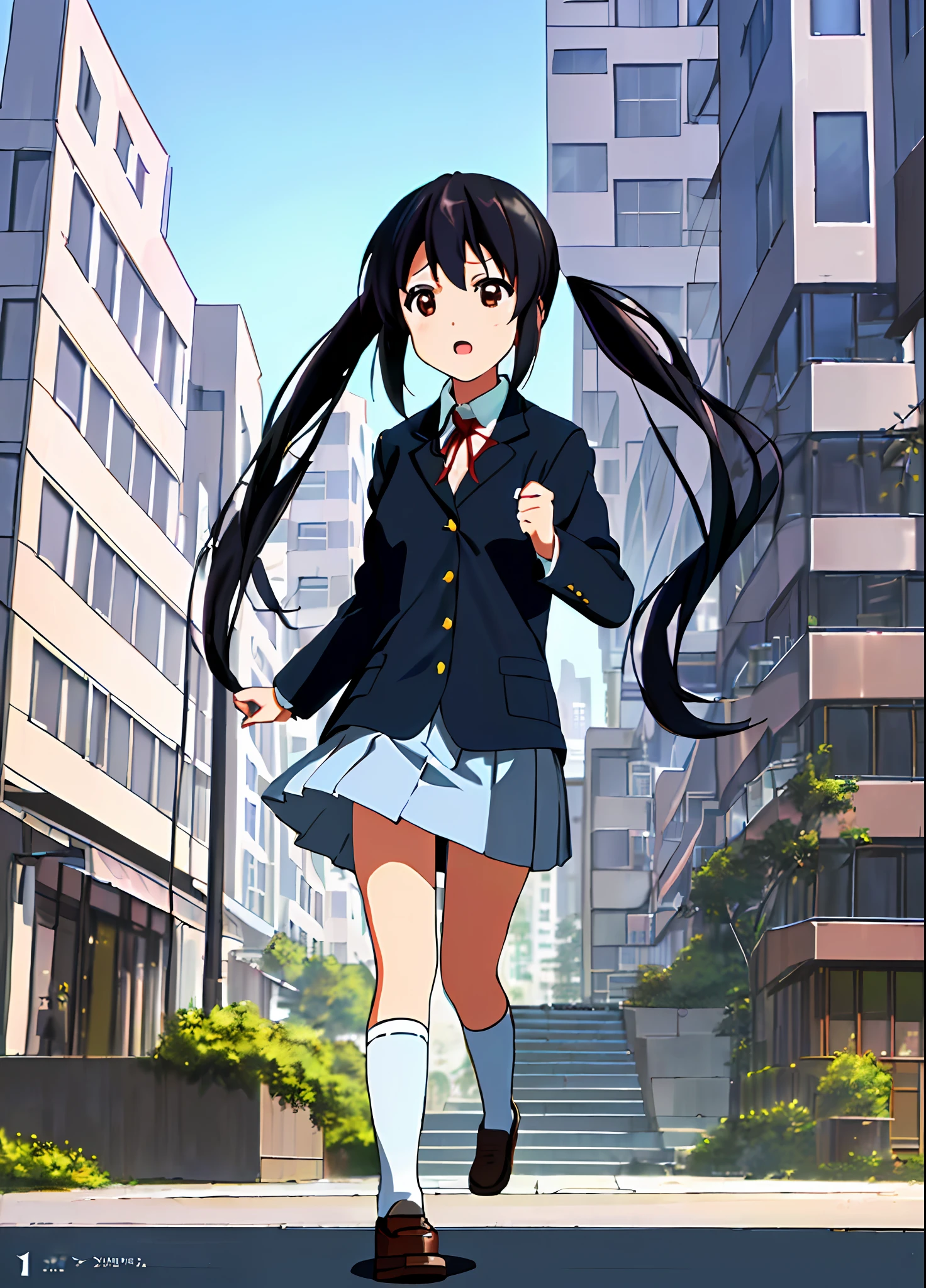 1girl, ((((Masterpiece))), Best Quality, Best Quality, High Detail, Azusa Nakano, 1girl, Sakuragaoka High School Uniform, Musical Instrument, School Uniform, Twin Tails, Long Hair, Black Hair, Brown Eyes, Solo, Red, Dark blue blazer with a thin ribbon of red, Solid white button shirt under blazer, Illustration, Cartoon, Soothing tones, Muted colors, Soft cinematic light, Adobe Lightroom, Photo Lab, HDR, complex and highly detailed, (((depth of field))))). (((Masterpiece))). (((highest quality))).) ((super detail))). (((Illustration))). (((Outside))). (((fighting stance))).,((((Giantization))).dynamic focus.small breasts. (((skyscrapers))). (((Cityscape))). (((Face of sadness))). open mouth.