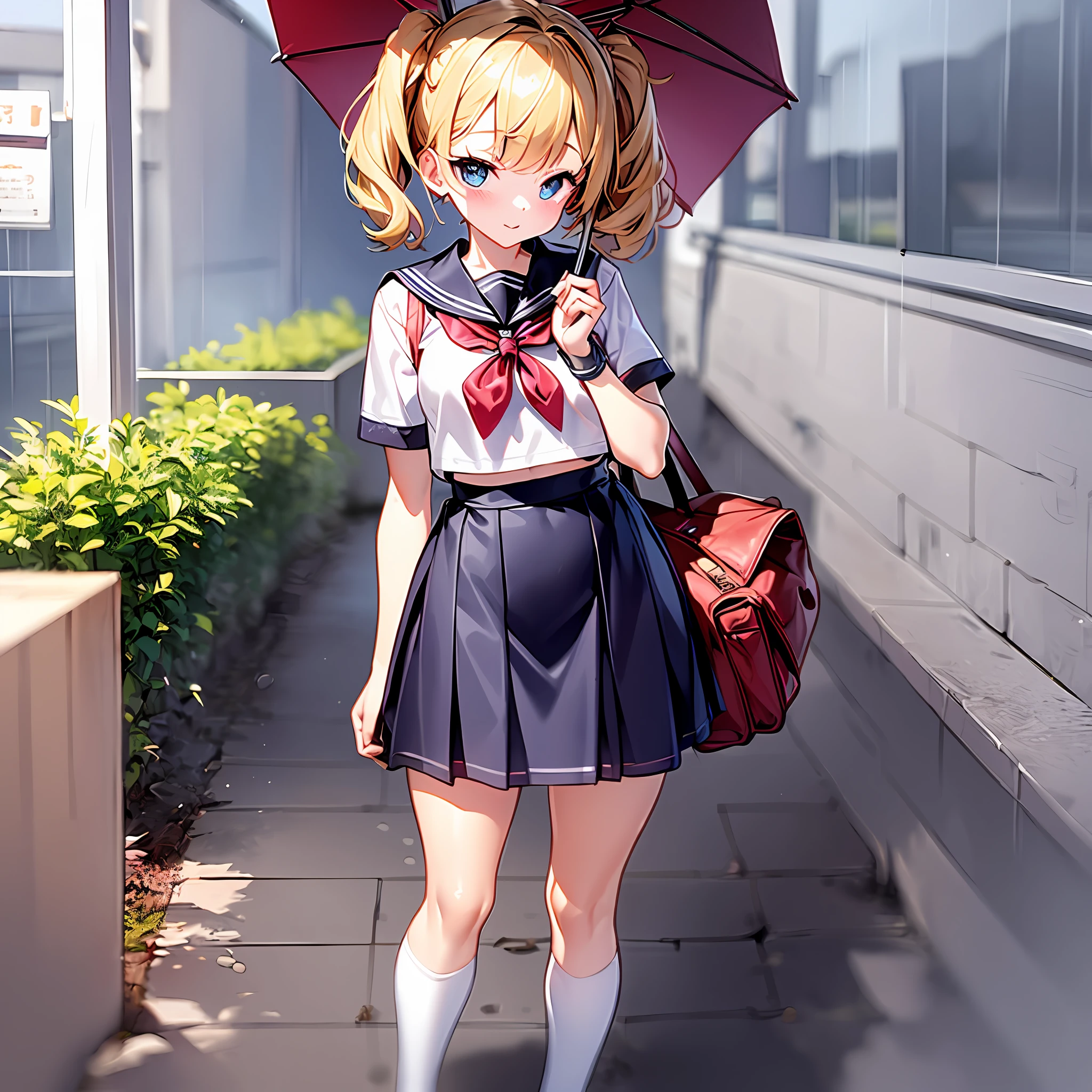 wide  shot、High school girl is pooping a 、Holding a red umbrella、heavy rain、Bus stop in the countryside、Old bus stop、sailor suit、Two Women、evening、Rabbit ears、thick eyebrows、mesugaki、small  breasts、pigtails、Beautiful blonde、braids、(A masterpie)、((bestquality))、 (Super Detailed)、Full Body Anime Girl、Clean and detailed face、High resolution and beautiful eyes、five fingers、Textile Shading、Perfect human body structure、perfect antomy、