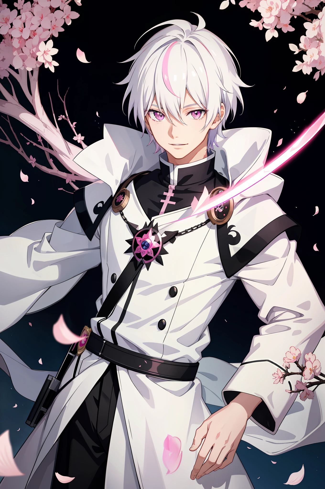 anime boy, white colored hair, pink eyes, prince uniform, sword, fantasy, kind smile, field background, intricate details, depth of field, 8K, UHD, DSLR, Soft lighting, high quality, film grain, fujifilm XT3