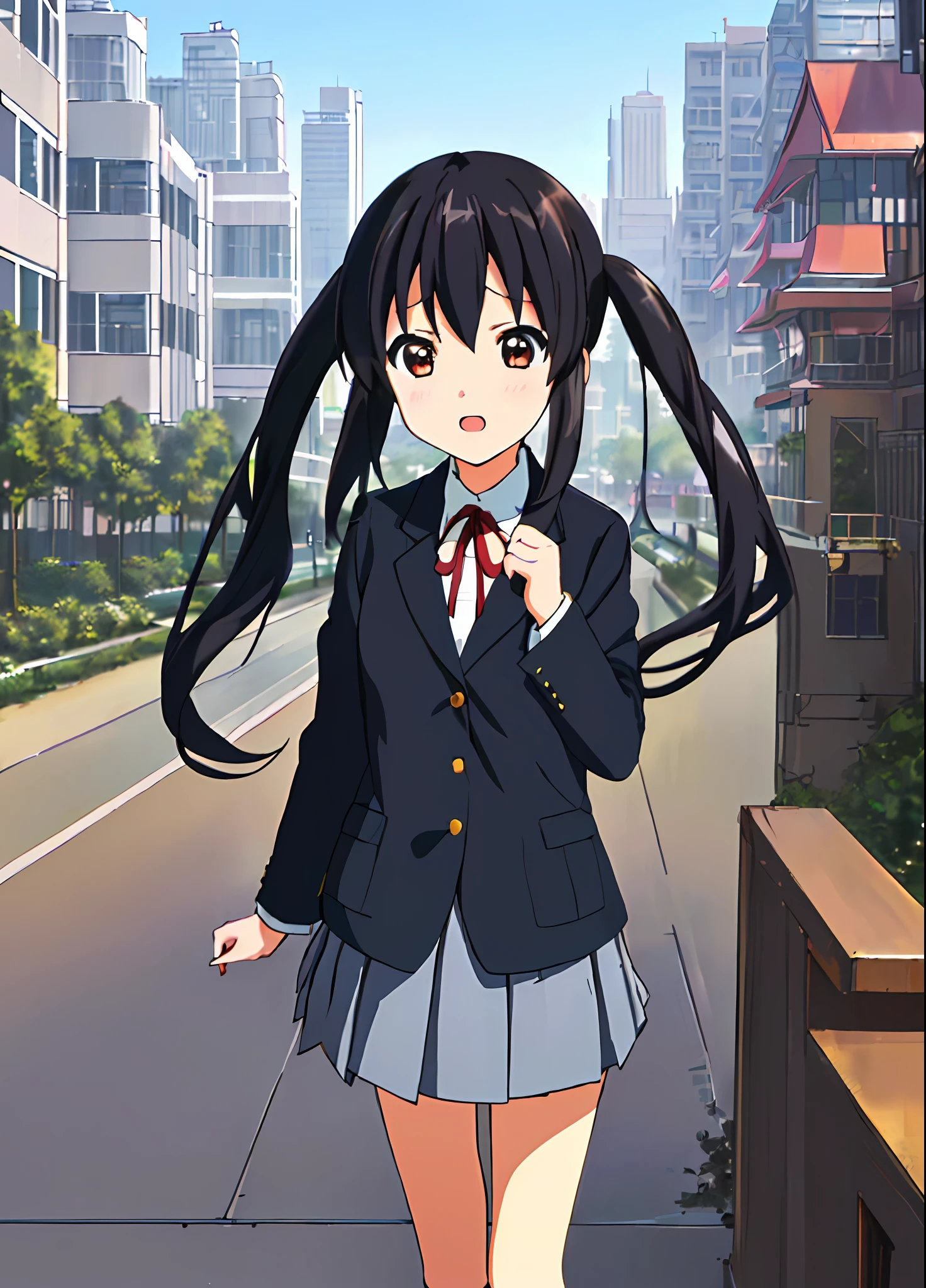 1girl, ((((Masterpiece))), Best Quality, Best Quality, High Detail, Azusa Nakano, 1girl, Sakuragaoka High School Uniform, Musical Instrument, School Uniform, Twin Tails, Long Hair, Black Hair, Brown Eyes, Solo, Red, Dark blue blazer with a thin ribbon of red, Solid white button shirt under blazer, Illustration, Cartoon, Soothing tones, Muted colors, Soft cinematic light, Adobe Lightroom, Photo Lab, HDR, complex and highly detailed, (((depth of field))))). (((Masterpiece))). (((highest quality))).) ((super detail))). (((Illustration))). (((Outside))). (((fighting stance))).,((((Giantization))).dynamic focus.small breasts. (((skyscrapers))). (((Cityscape))). (((Face of sadness))). open mouth.