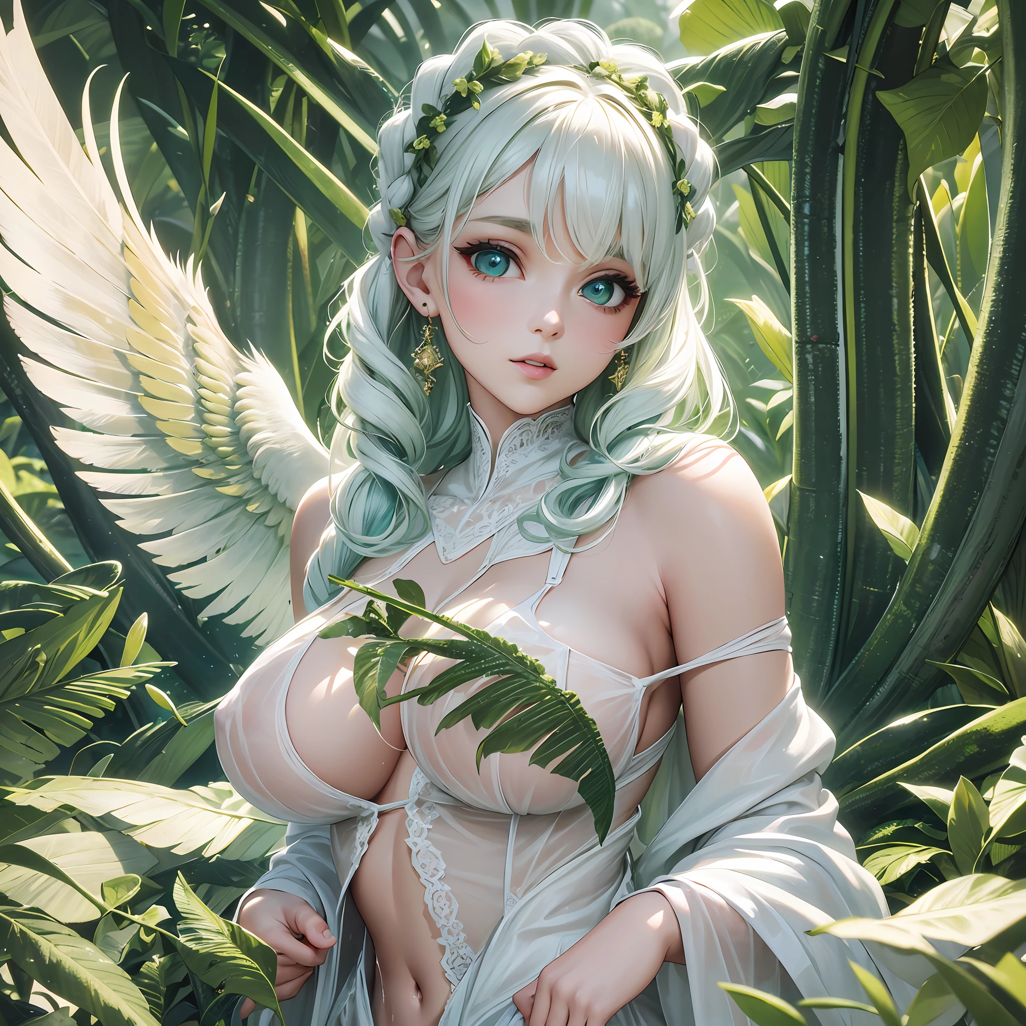 Highres, bestquality, masterpiece, very high image quality, An ultra-Detailed,, hyperrealistic, 3D, very cute beauty, White Skin, white wavy french braid hair, white body, brilliant green big eyes, GIANT breast, slender body, All over body, See-through feather robe