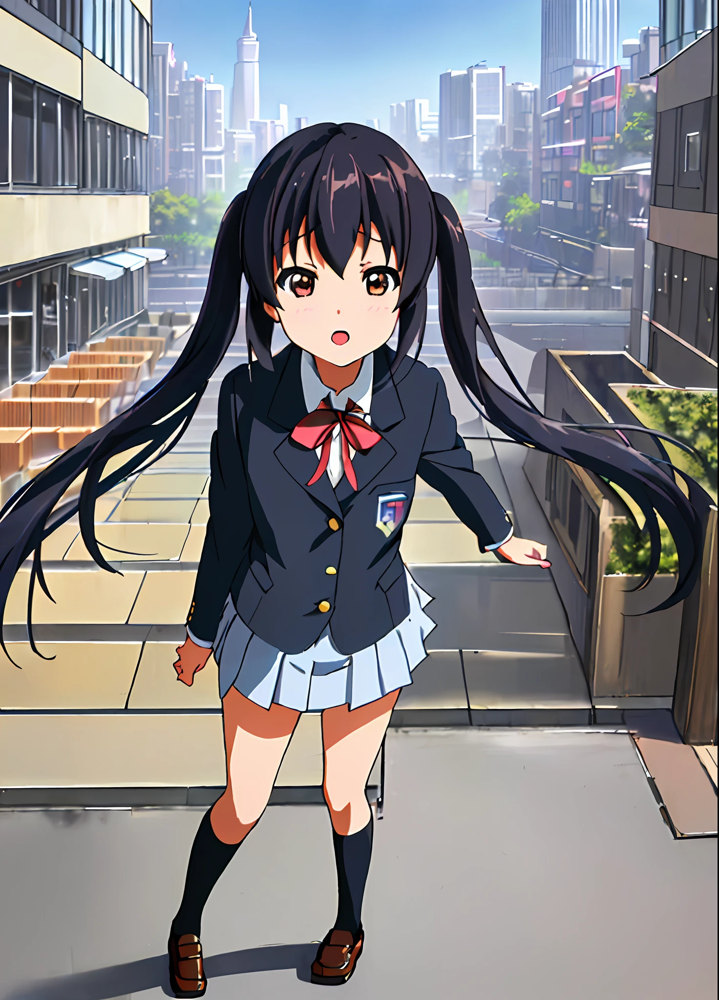 1girl, ((((Masterpiece))), Best Quality, Best Quality, High Detail, Azusa Nakano, 1girl, Sakuragaoka High School Uniform, Musical Instrument, School Uniform, Twin Tails, Long Hair, Black Hair, Brown Eyes, Solo, Red, Dark blue blazer with a thin ribbon of red, Solid white button shirt under blazer, Illustration, Cartoon, Soothing tones, Muted colors, Soft cinematic light, Adobe Lightroom, Photo Lab, HDR, complex and highly detailed, (((depth of field))))). (((Masterpiece))). (((highest quality))).) ((super detail))). (((Illustration))). (((Outside))). (((fighting stance))).,((((Giantization))).dynamic focus.small breasts. (((skyscrapers))). (((Cityscape))). (((Face of sadness))). open mouth.