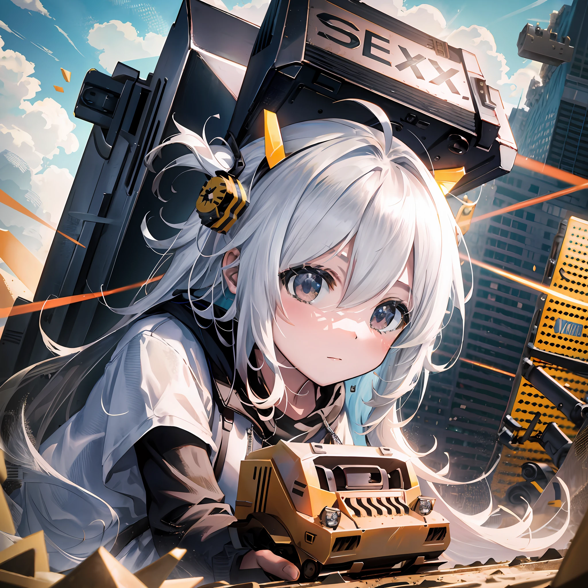 (((Riding a bulldozer)))),A masterpie、bestquality、Highly detailed、Unity 8k wallpapers、Big empty、girl 1 person、heavy machinery、Gradient hair、hair between the eyes、Ahoge、age: 16、pretty face、White Niso、