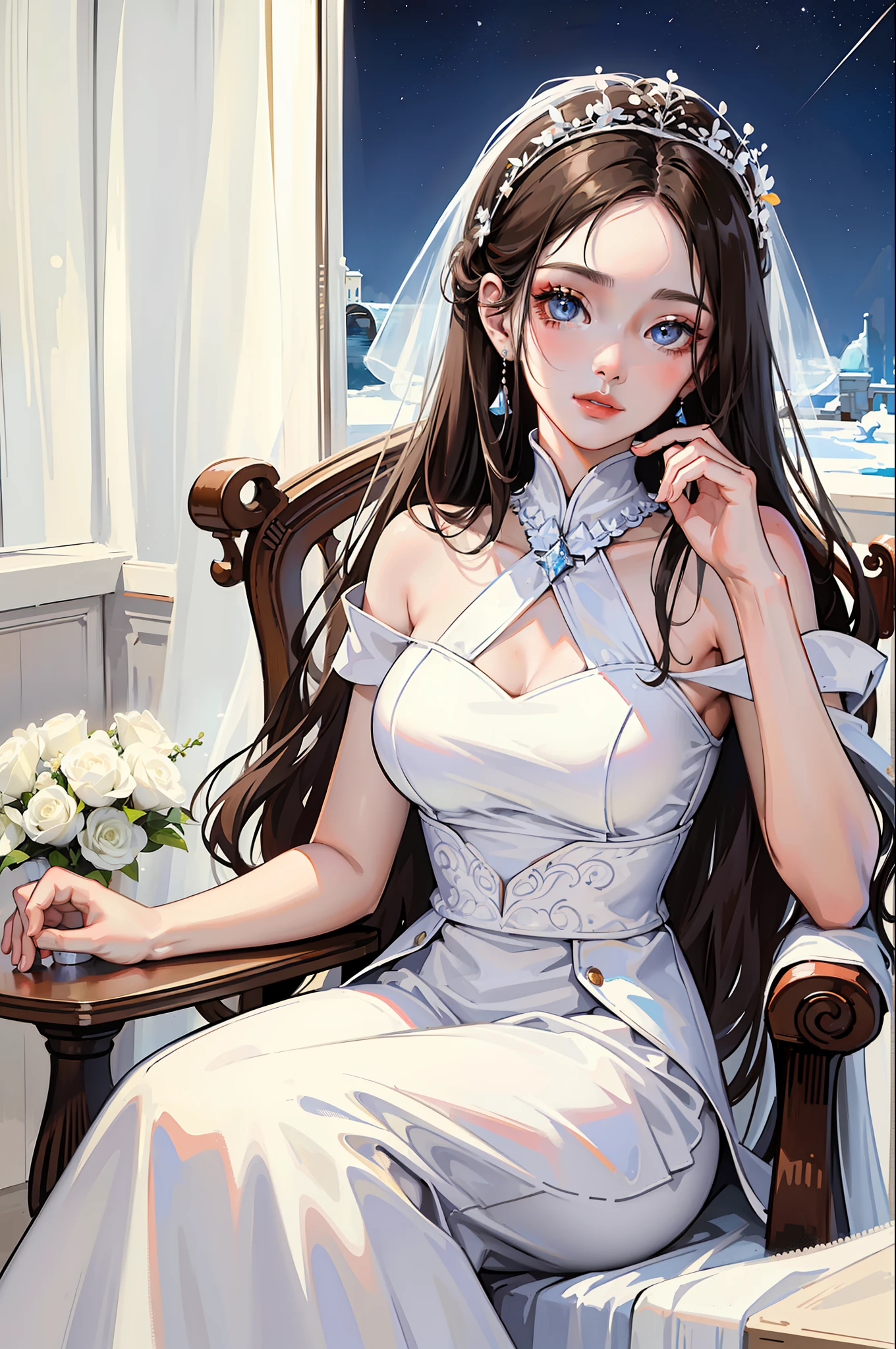 (A masterpie, bestquality, Highest grade, Official Art, aesthetic:1.2), (1girl:1.3), Straight long hair, brown Hair, Very fine, portrait, Watching the viewer, Seul, (fulllllbody:0.6), detailed background, crose up, Luminous eyes, (Cold Arctic Winter theme:1. 1), wedding dress, bride, smirking, Mysterious, sitting in chair, White romantic long dress,bouquet, Jewelry curtain on background, Dark mystical lighting, shadows, Petals flutter, Starry Night, dutch angle
