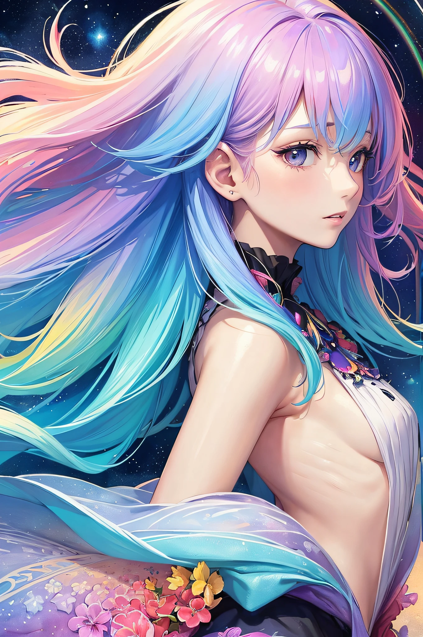 (masterpiece, top quality, best quality,watercolor (medium),official art, beautiful and aesthetic:1.2),(1girl:1.3), (fractal art:1.3),upper body, from side, looking at viewer,patterns,(rainbow color Hair,colorful hair,half blue and half pink hair:1.2),water,liquid, cloud,colorful, starry,stars,