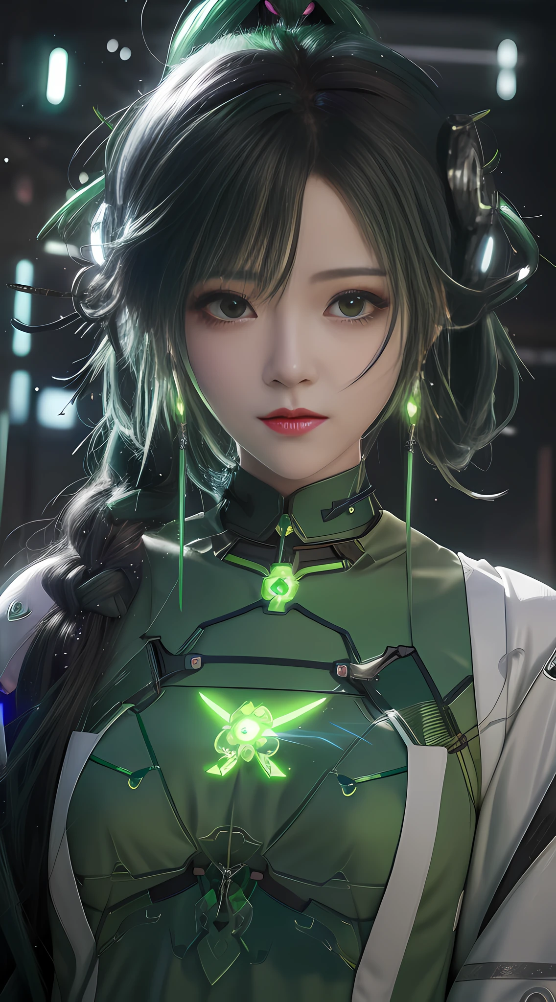 anime girl with glowing green hair and a green dress, perfect android girl, cute cyborg girl, digital cyberpunk anime art, inspired by Ai Xuan, artwork in the style of guweiz, inspired by Feng Zhu, dreamy cyberpunk girl, beautiful digital artwork, beautiful female android!, trending on cgstation, inspired by Leng Mei