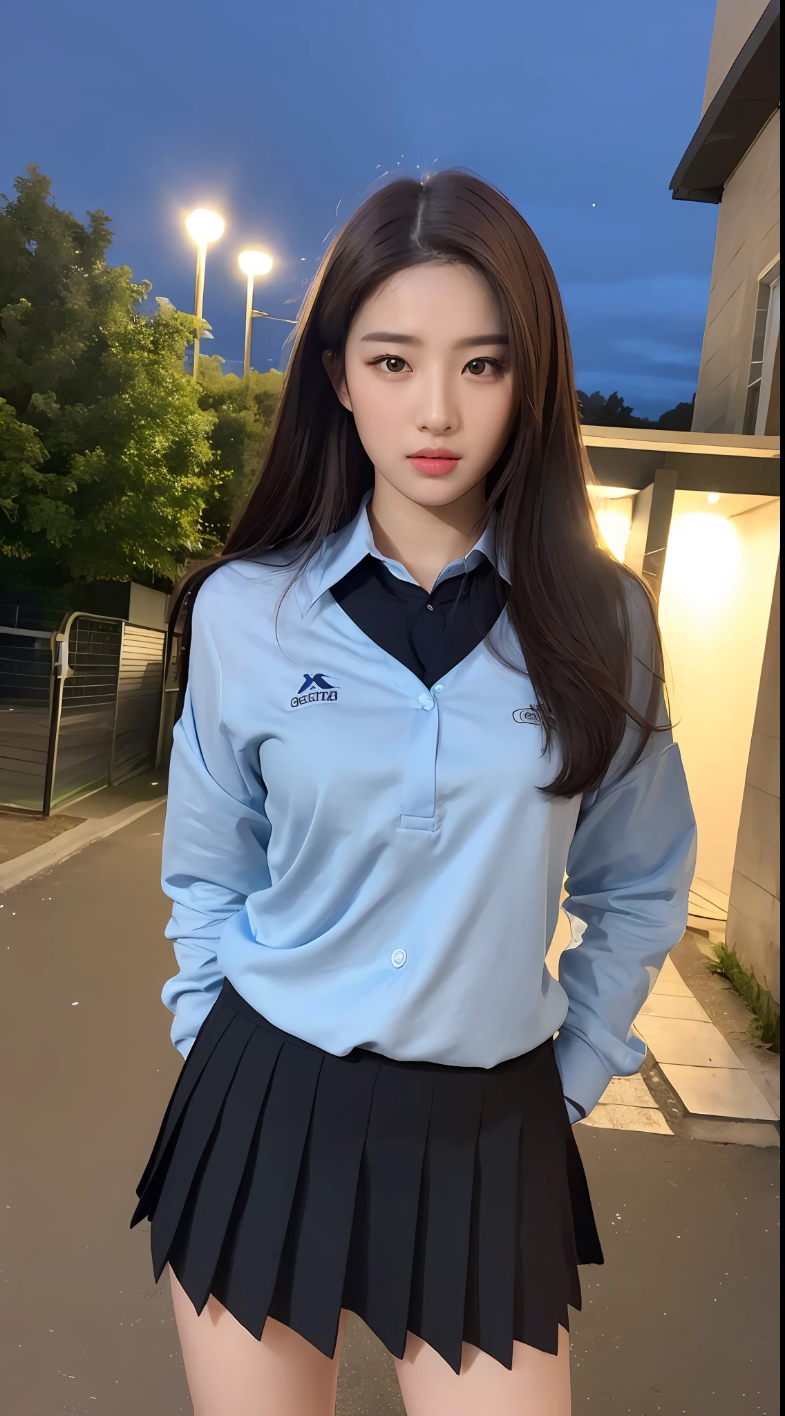 ((Realistic lighting, Bestquality, 8k, MASTERPIECE:1.3)), Sharp Focus:1.2, 1girl, A beauty with a perfect figure:1.4, Slim abs:1.1, ((Dark Brown Hair)), (school uniforms:1.4),(out door,at nighttime:1.1),City street,Ultra-fine face,Fine eyes,Double eyelidd,