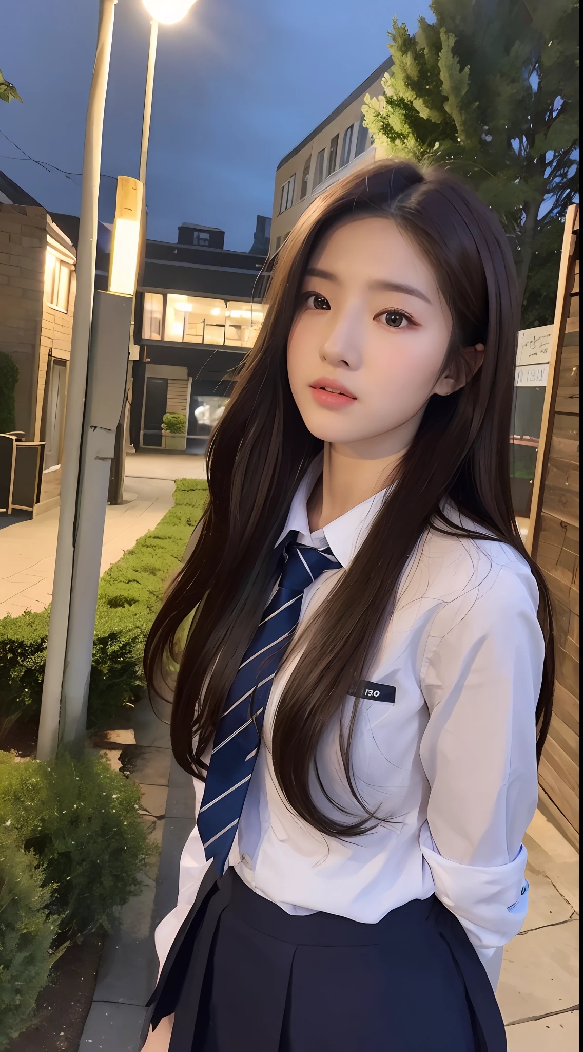 ((Realistic lighting, Bestquality, 8k, MASTERPIECE:1.3)), Sharp Focus:1.2, 1girl, A beauty with a perfect figure:1.4, Slim abs:1.1, ((Dark Brown Hair)), (school uniforms:1.4),(out door,at nighttime:1.1),City street,Ultra-fine face,Fine eyes,Double eyelidd,