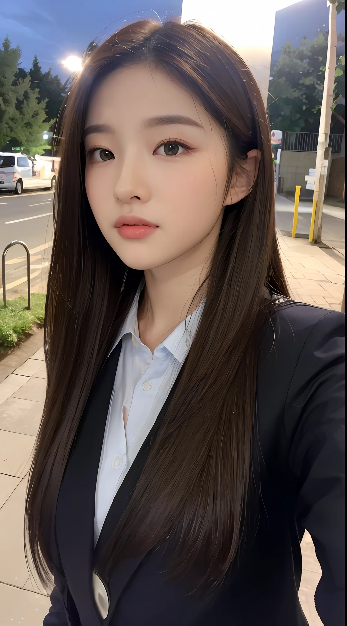 ((Realistic lighting, Bestquality, 8k, MASTERPIECE:1.3)), Sharp Focus:1.2, 1girl, A beauty with a perfect figure:1.4, Slim abs:1.1, ((Dark Brown Hair)), (school uniforms:1.4）,（out door，at nighttime：1.1），City street，Ultra-fine face，Fine eyes，Double eyelidd，