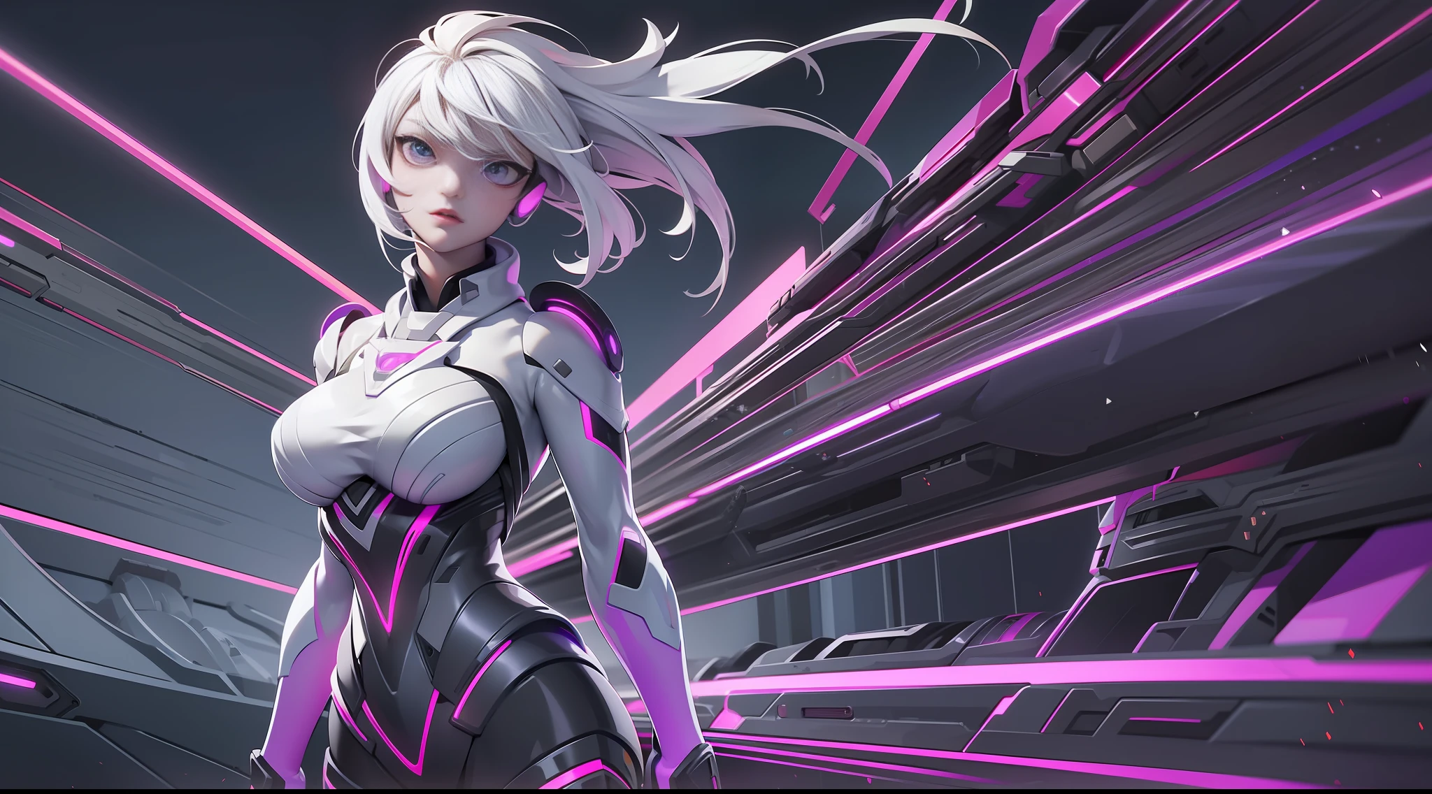 full body picture Unreal Engine 5 8K UHD of a beautiful adult girl, short white hair, wearing futuristic black tight battle suit, futuristic tight mask, futuristic neck collar, purple light details, evil face, best quality, masterpiece