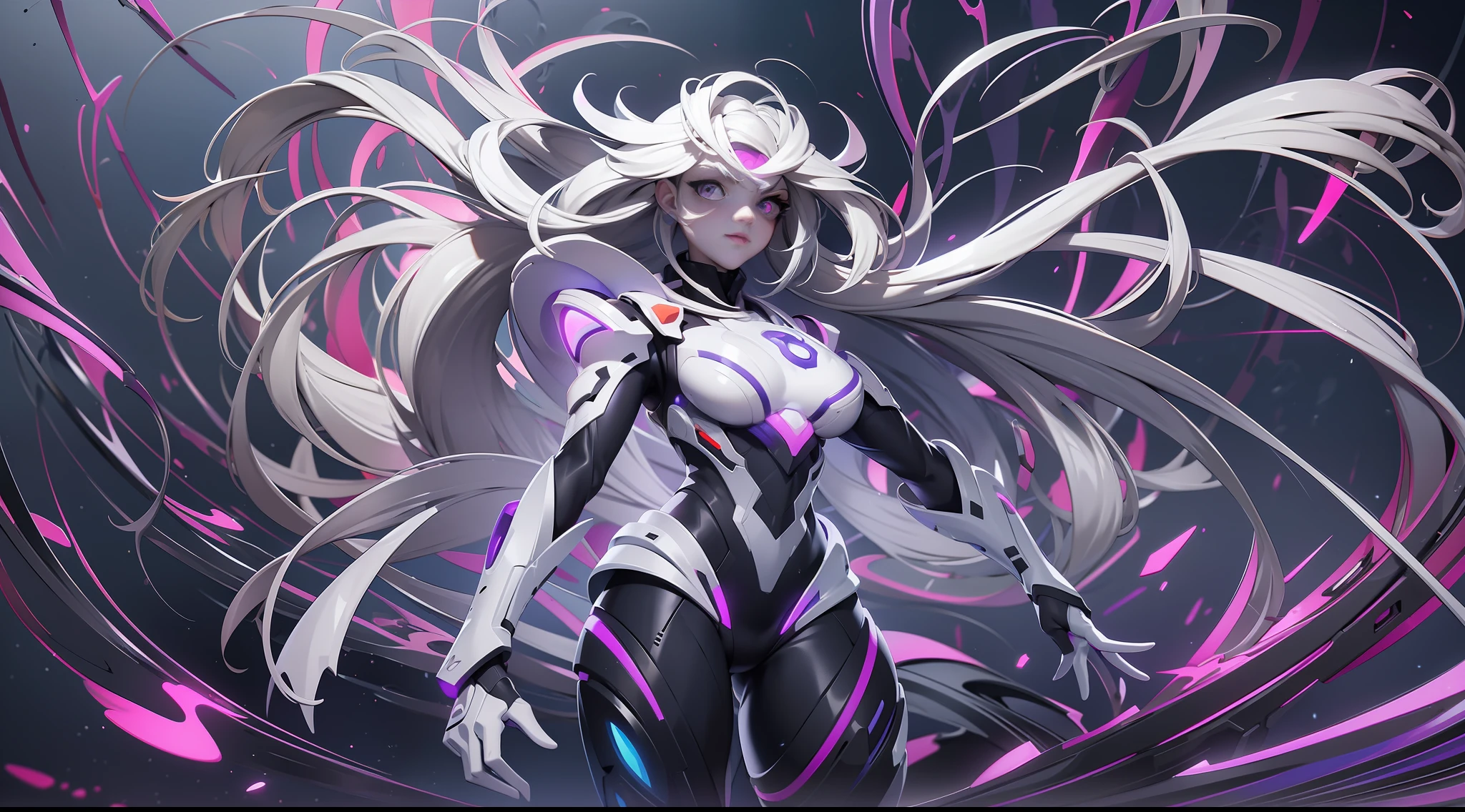 full body picture Unreal Engine 5 8K UHD of a beautiful adult girl, short white hair, wearing futuristic black tight battle suit, futuristic tight mask, futuristic neck collar, purple light details, evil face, best quality, masterpiece