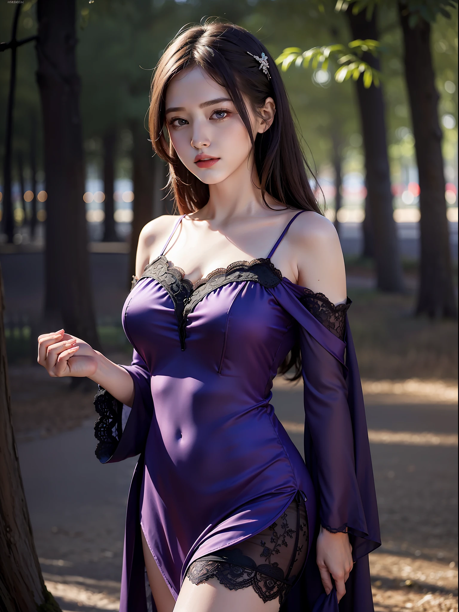 Bestquality,MASTERPIECE,Super High Resolution,(photorealistic:1.4),RAW Photos,1girl,offshoulder,In the dark,deep shadows,low profile,cold light,at a park,Purple silk nightdress,Lace