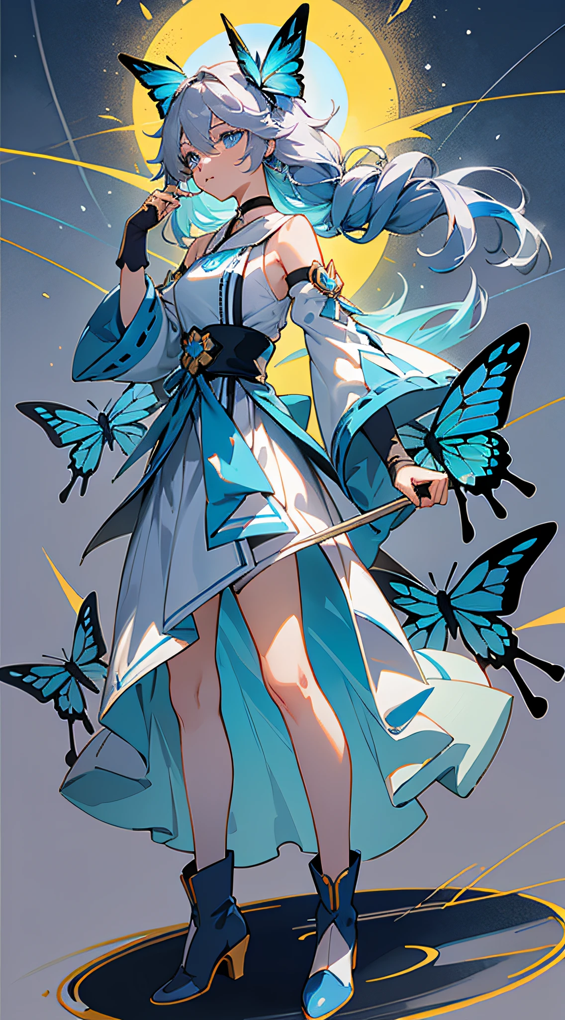21charturnerv2,charturnbetalora,shinkai makoto,kimi no na wa.,(fantasy:1.4),(blue eyes:1.233),her eyes shine like dreamlike stars,(glowing eyes:1.233),(beautiful and detailed Eyes: 1.1), (silver hair: 1.14), (messy hair, very long hair, french braid, hair between the eyes, sideburns), (+(blue hair: 1.14)), (chiffon dress, Blue flower uniform)/=(military uniform: 1.24),(removable sleeves, wide sleeves),(fingerless gloves),choker,(miko thighhighs),high-heeled boots,(expressionless,shut up),(standing) ,dreamy,soul,(fluorescent),(flying translucent blue butterfly:1.15), [[delicate fingers and hands:0.55]::0.85],(finger details),white background,full body,blue theme,gold background
