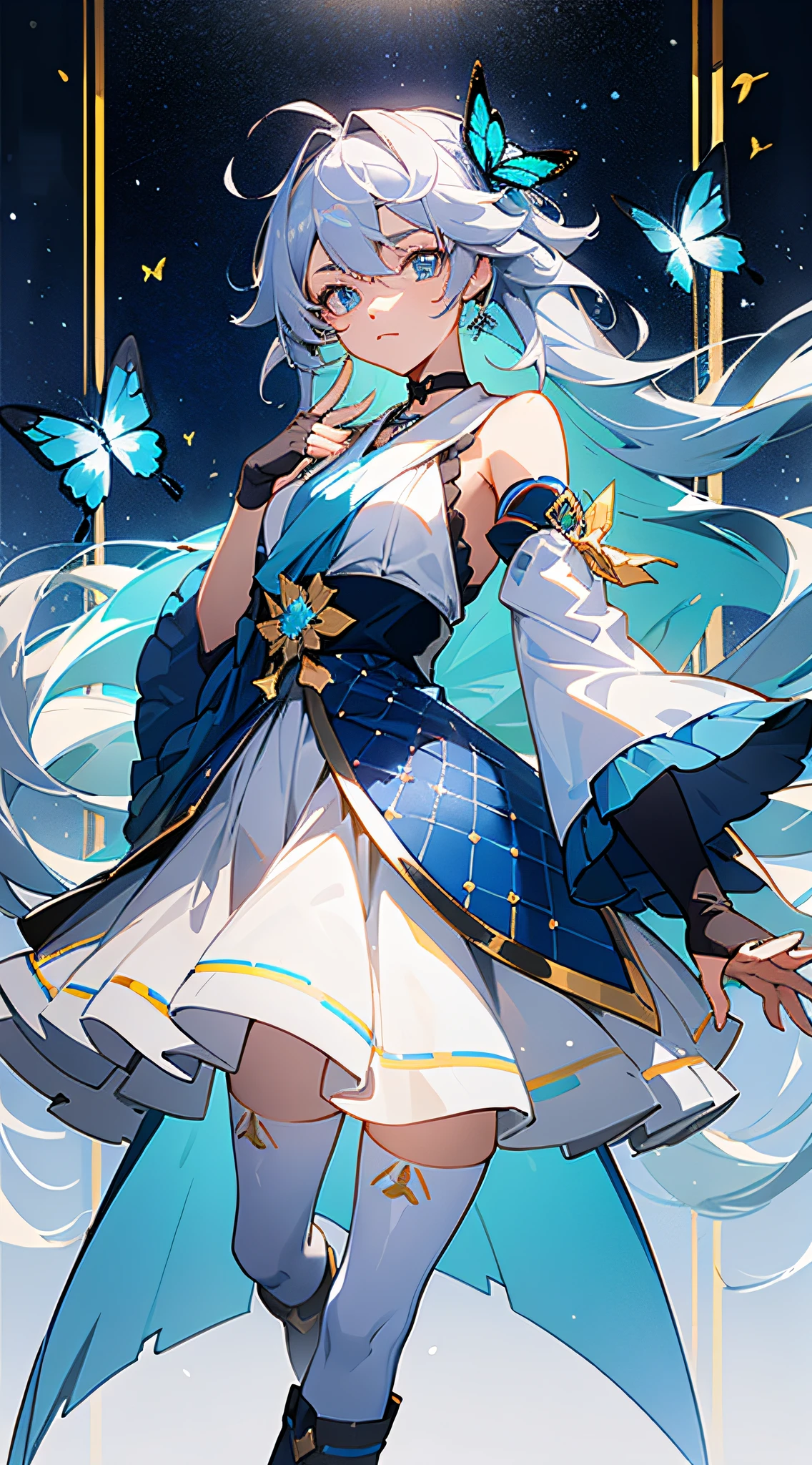 21charturnerv2,charturnbetalora,shinkai makoto,kimi no na wa.,(fantasy:1.4),(blue eyes:1.233),her eyes shine like dreamlike stars,(glowing eyes:1.233),(beautiful and detailed Eyes: 1.1), (silver hair: 1.14), (messy hair, very long hair, french braid, hair between the eyes, sideburns), (+(blue hair: 1.14)), (chiffon dress, Blue flower uniform)/=(military uniform: 1.24),(removable sleeves, wide sleeves),(fingerless gloves),choker,(miko thighhighs),high-heeled boots,(expressionless,shut up),(standing) ,dreamy,soul,(fluorescent),(flying translucent blue butterfly:1.15), [[delicate fingers and hands:0.55]::0.85],(finger details),white background,full body,blue theme,gold background