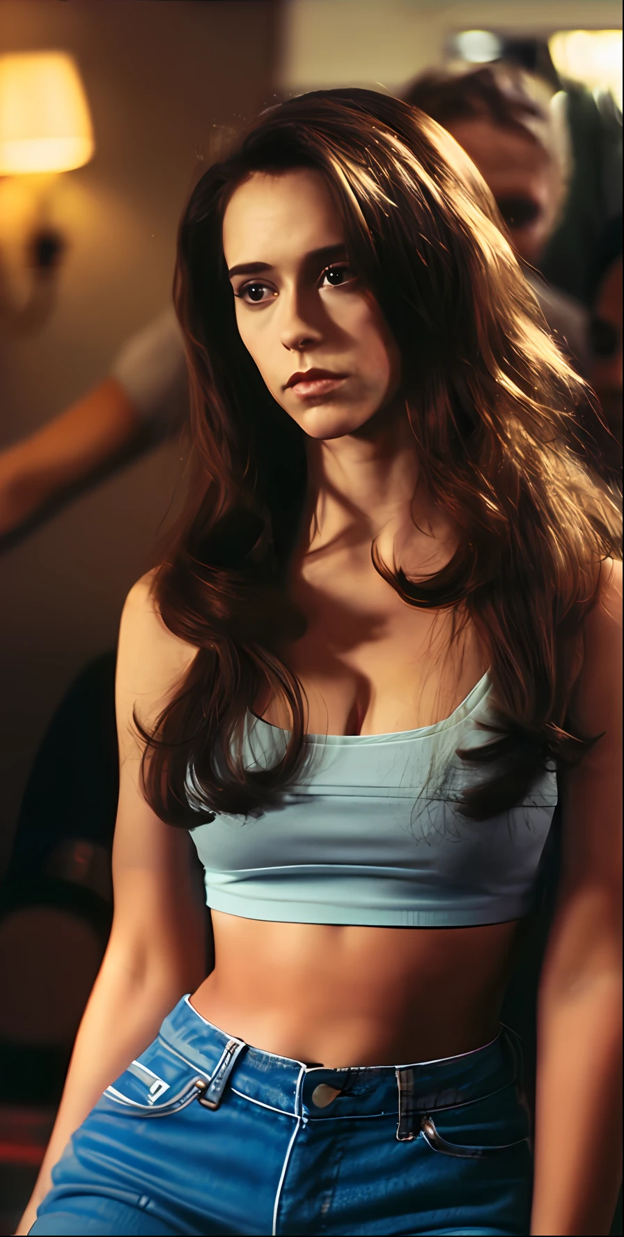 attractive young brunette standing, wearing blue crop top bra and tight low-rise jeans, bare midriff, slim, belly fat rolls,jennifer love hewitt, 20 years old, large firm breasts