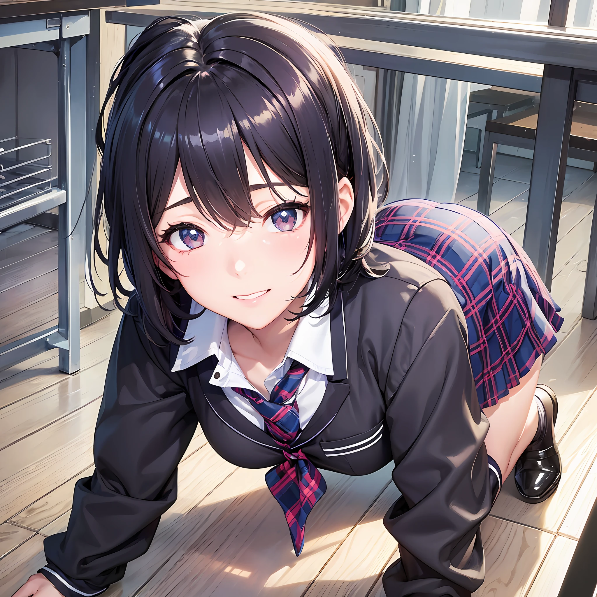 (A masterpie、bestquality:1 beauty girl.2), Surreal Schoolgirl, solo、, 1 girls, Yukino Yukino, (Lustrous Skin、wet skin:1.2), Wearing sweat, smile、, watching the viewer, all on fours, school uniforms, white shirts, Plaid skirt, thights, afternoon, Classroom Surreal High School Girl、natrual light、Short cut、high picture quality、photographic、portrait、 --auto --s2
