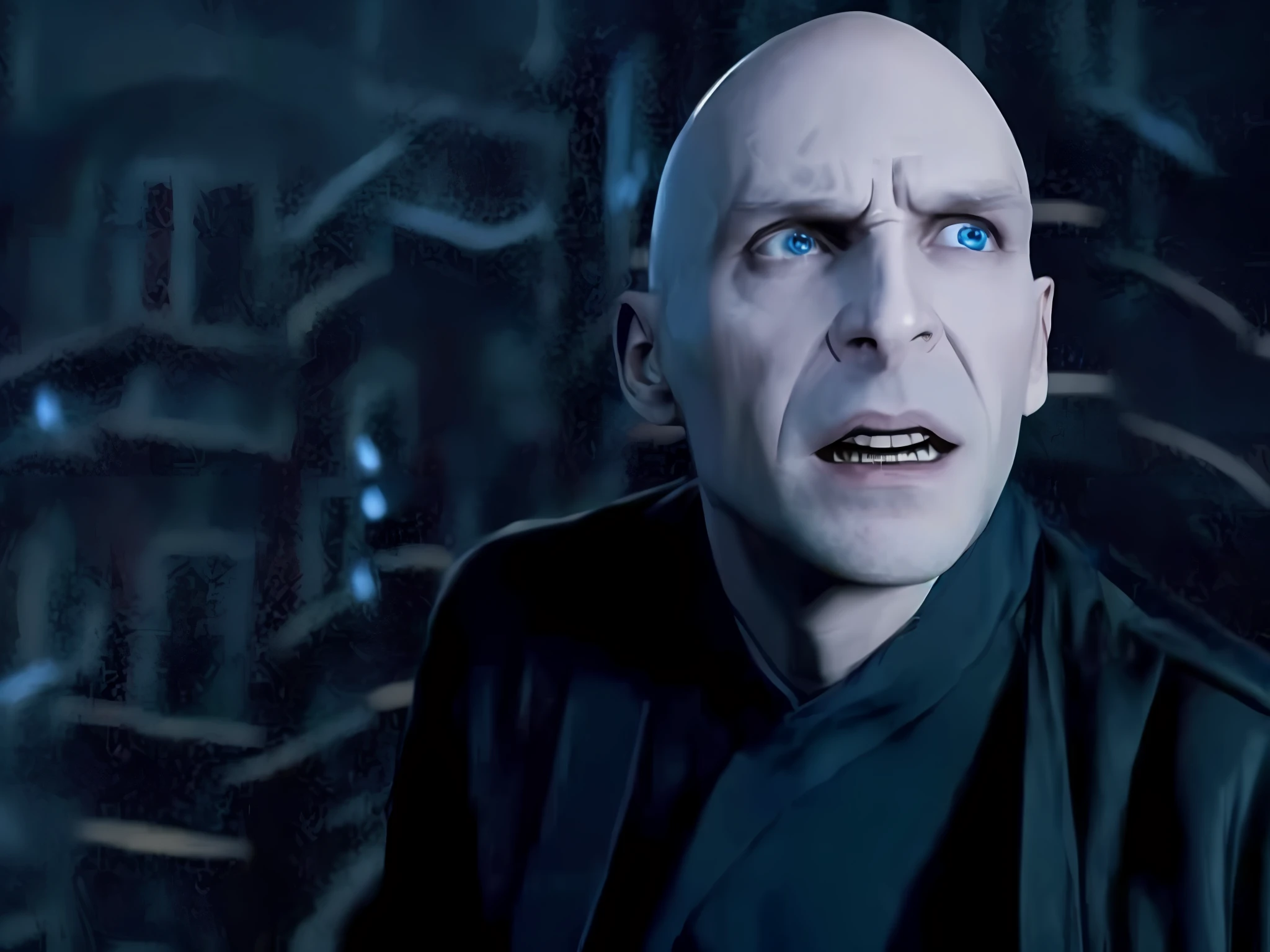 a man with a bald head and blue eyes in a dark room, Voldemort, Filme ainda de Voldemort, Retrato de Voldemort, Captura de tela do filme Harry Potter, Ainda de Harry Potter, filme ainda de Harry potter, Ainda de filmes de Harry Potter, careca, Direction: Karl Ballmer, um careca, Harry, smug look, balding, Harry Potter filme