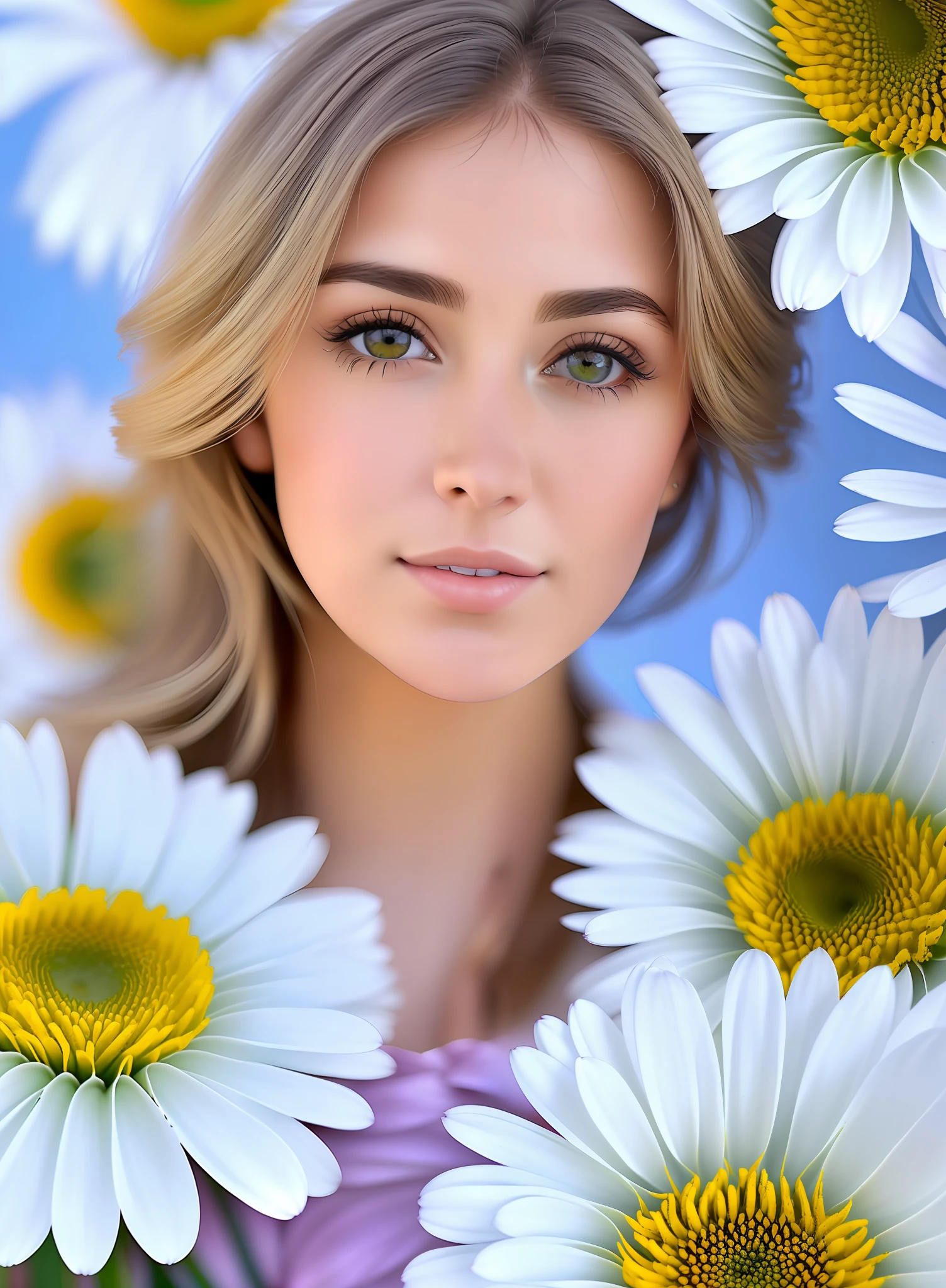 mulher loira com olhos verdes e flores na frente dela, rosto gigante da flor branca da margarida, giant daisy flowers head, retrato feminino com flores, mulher nas flores, com flores, flores nas bochechas do herdeiro, foto de retrato, retoque de beleza, head made of giant daisies, fechar retrato, retrato closeup, foto de retrato em close-up, fechar retrato, Close Up foto retrato