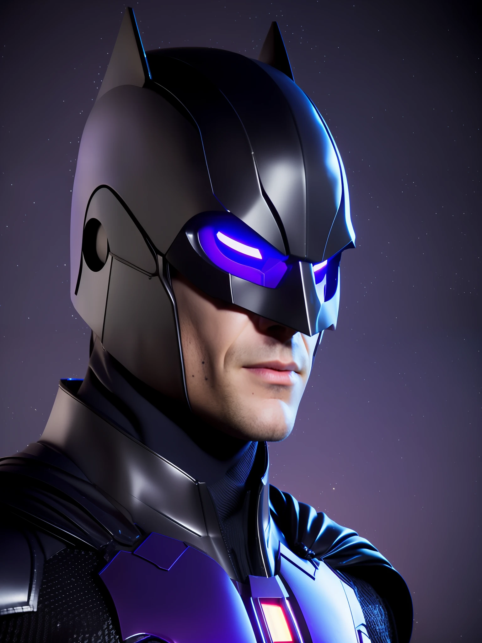 Batman award-winning photo of a man, superhero suit, square jawline, asymmetric face, purple light, 80mm, bokeh, mass effect, close up, fking_cinema_v2, 8k, cinematic