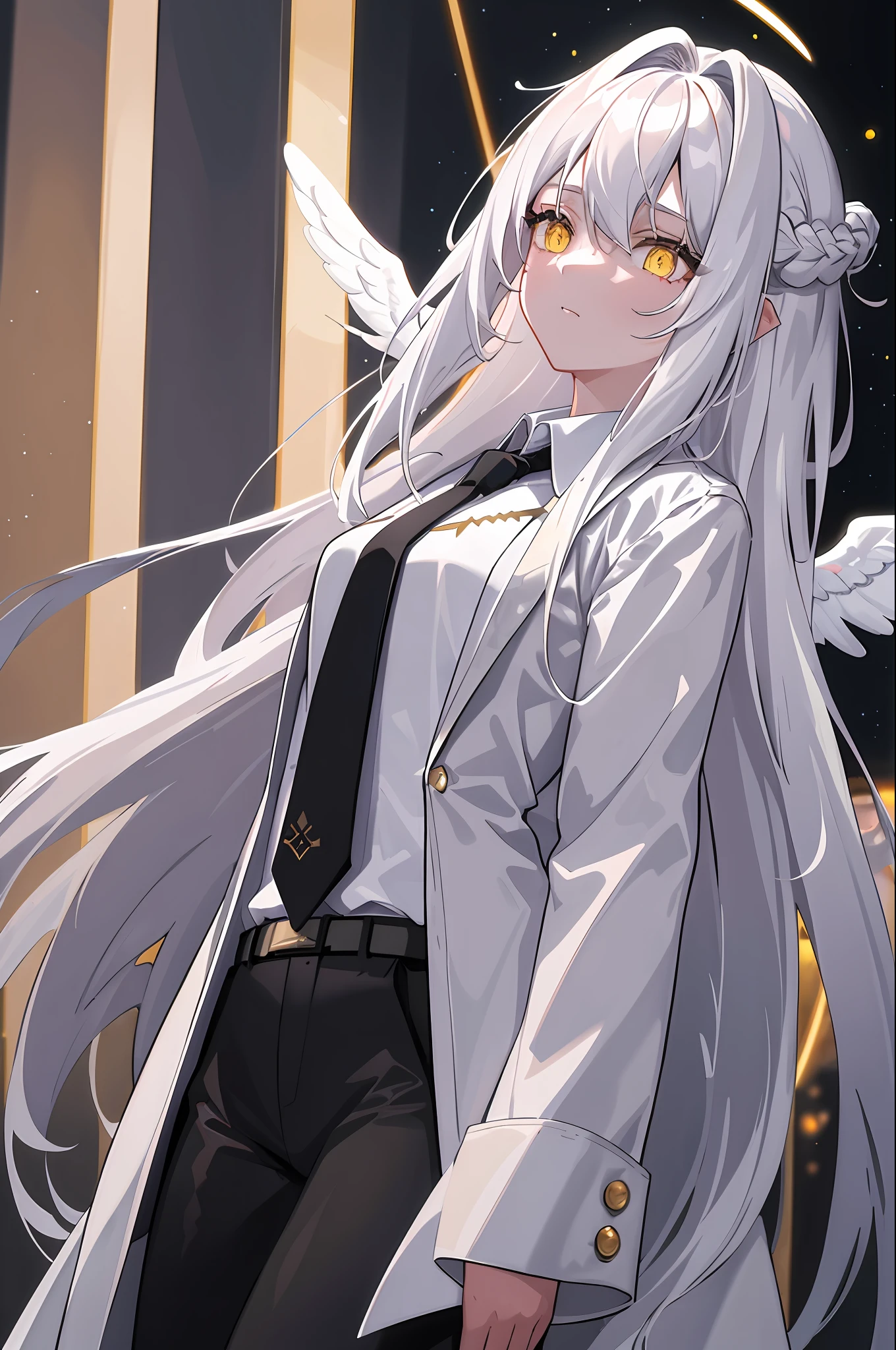 (masterpiece, best quality:1.3), (ultra-detailed:1.3), 1girl, solo, (white hair, messy hair, long hair), (angel wings, angel halo), flat chest, yellow eyes,  (white shirt, black necktie, black coat, open coat), cowboy shot, cinematic lighting, (((glowing light particles))), (arms behind back), dynamic angle,