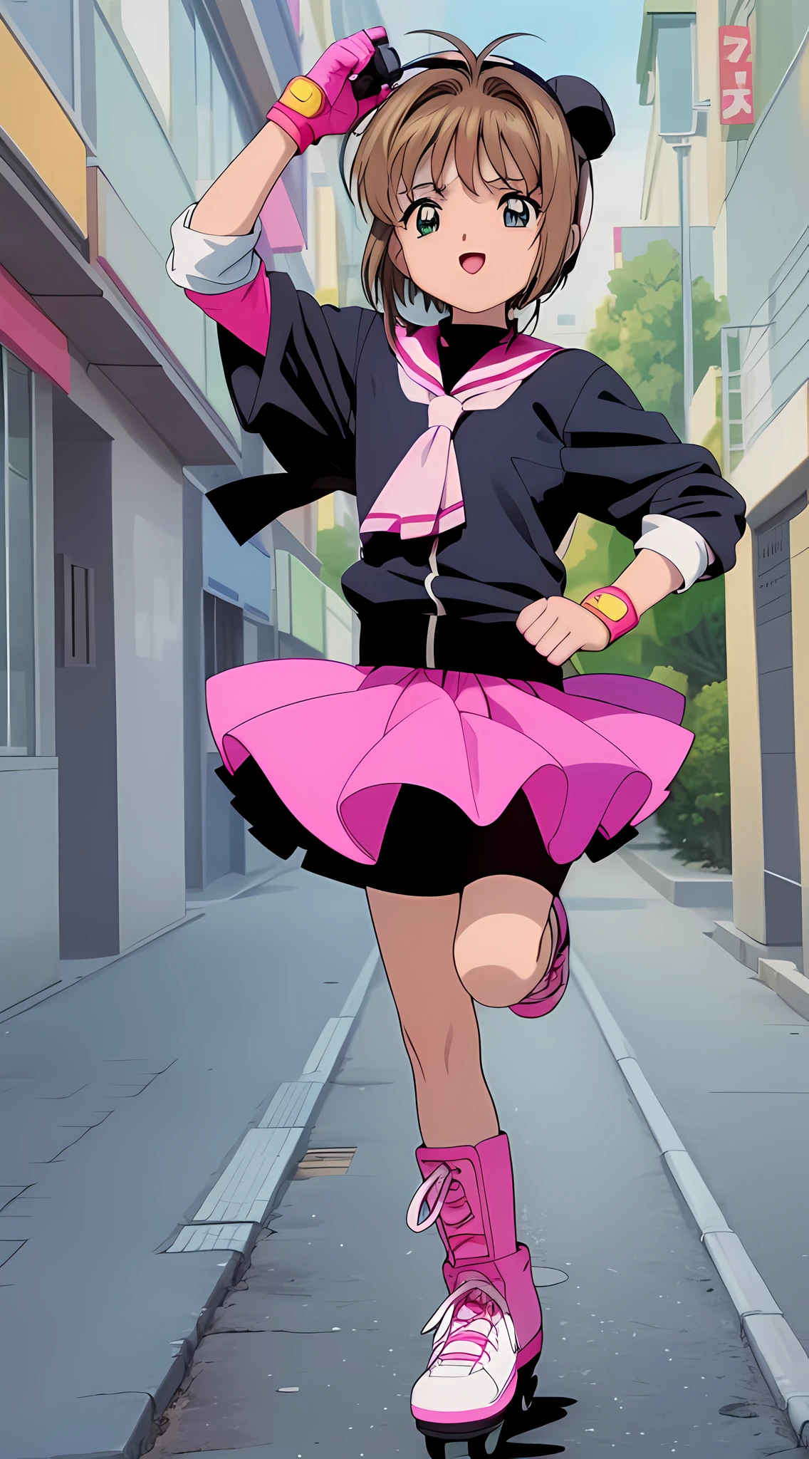 Anime girl in pink skirt and black jacket walking down a street - SeaArt AI