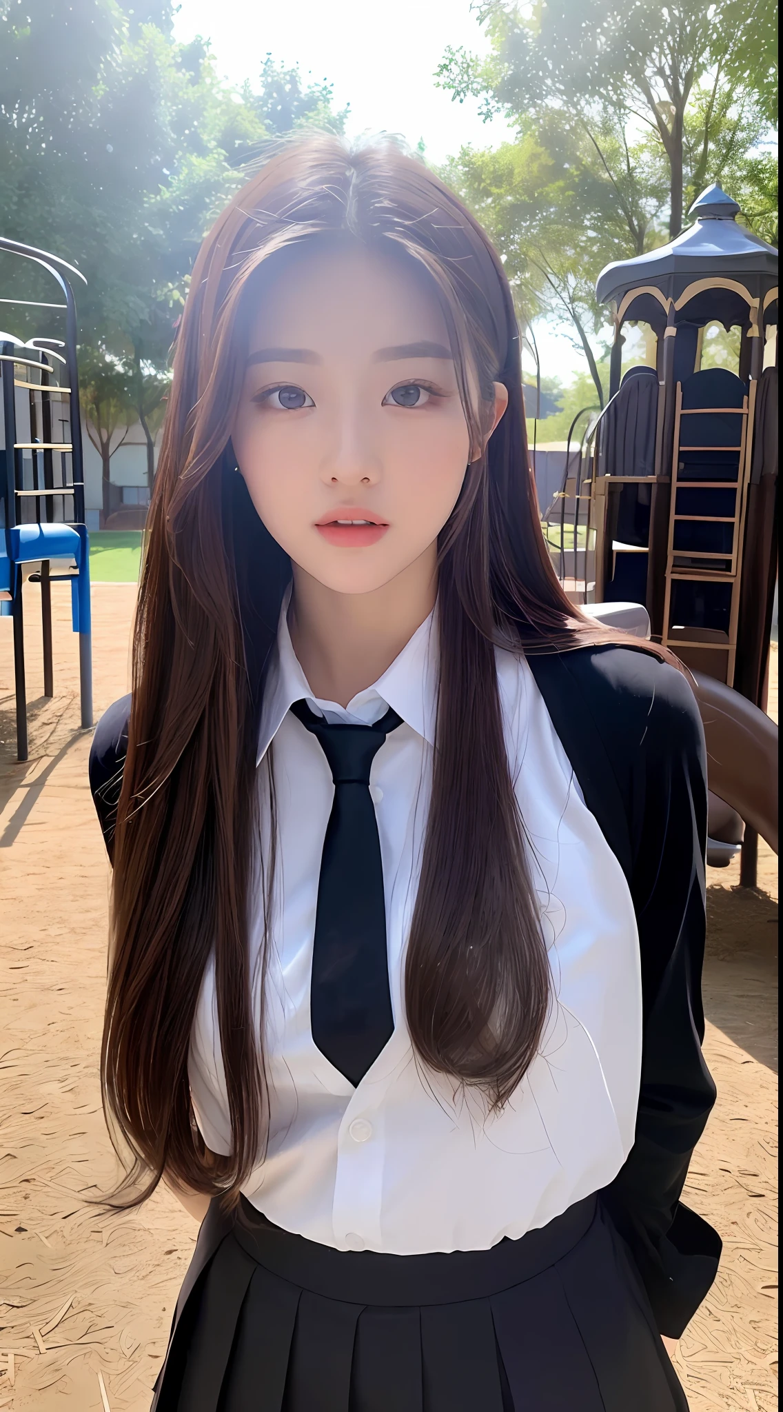 ((Realistic lighting, Bestquality, 8k, MASTERPIECE:1 girl.3 girls)), Sharp Focus:1 girl.2 Maidens, 1 girl one girl, A beauty with a perfect figure:1 girl.4 pcs, Slim abs:1 girl.1 girl, ((Dark Brown Hair)), (school uniforms:1 girl.4 pcs),(out door,Daytime:1 girl.1 girl),playground,ultrahigh-fine face,Fine eyes,Double eyelidd,